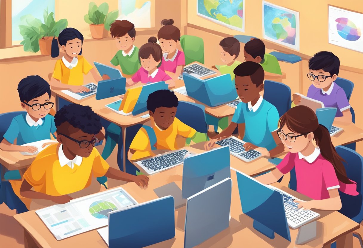 A group of primary school students work together on technology projects, using computers and tablets to create interactive and creative works