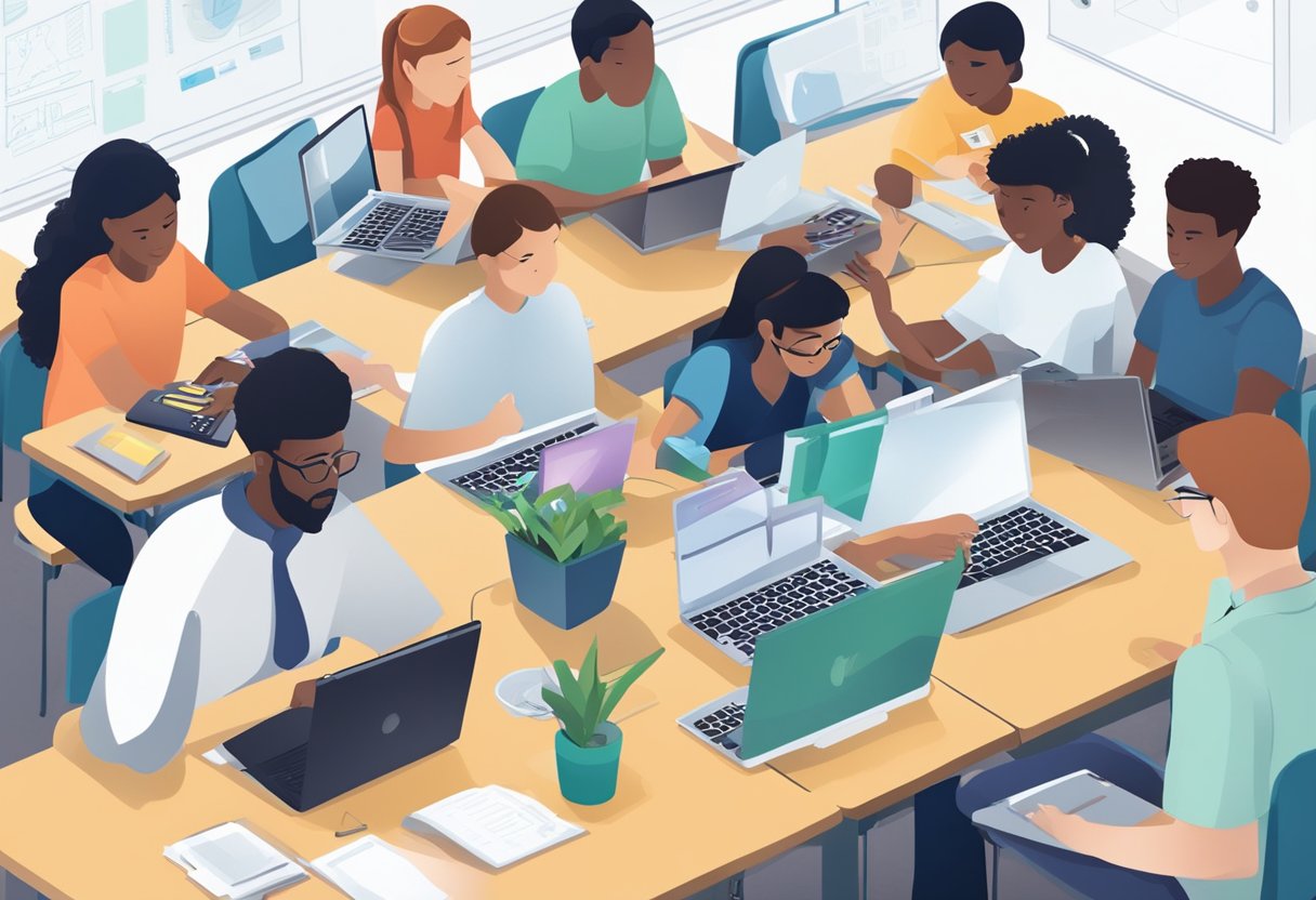 Students collaborate on technology projects, sharing ideas and reflecting on their work. Laptops, tablets, and interactive whiteboards are used in the classroom