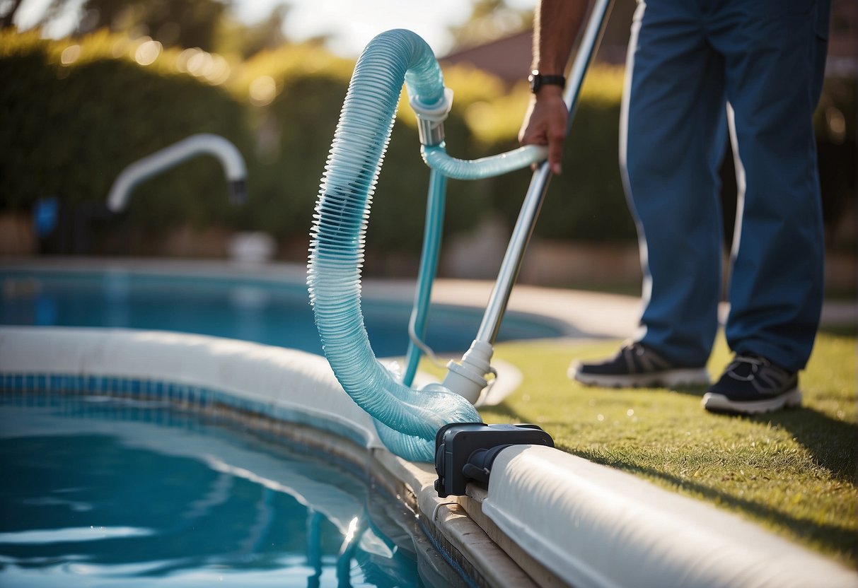 A pool filter being cleaned and maintained with brushes, hoses, and cleaning solutions, surrounded by pool equipment and a clean, sparkling pool