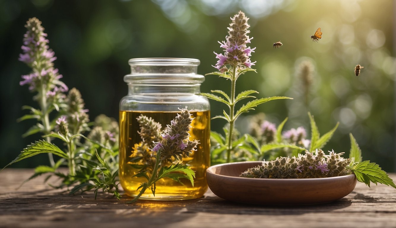 Motherwort plant in full bloom, surrounded by bees and butterflies. A glass jar filled with motherwort tincture next to a mortar and pestle
