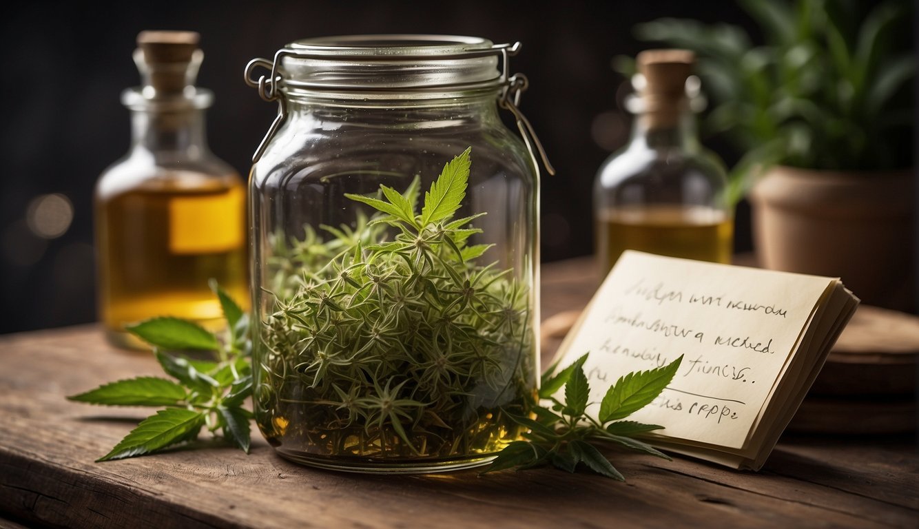 A glass jar filled with motherwort leaves steeping in alcohol, labeled "Motherwort Tincture Recipe" with a handwritten note detailing the process