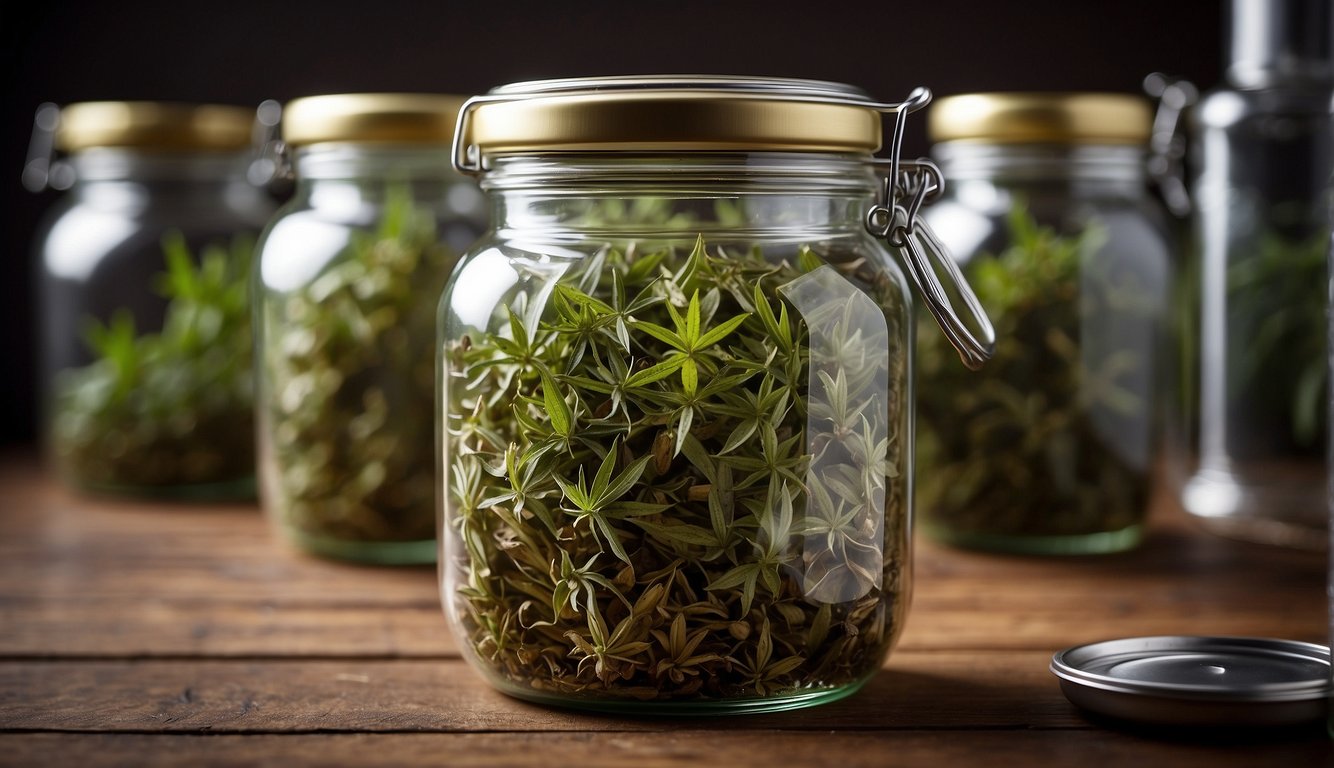 A glass jar filled with motherwort leaves soaking in alcohol, sealed with a lid and labeled with the recipe name