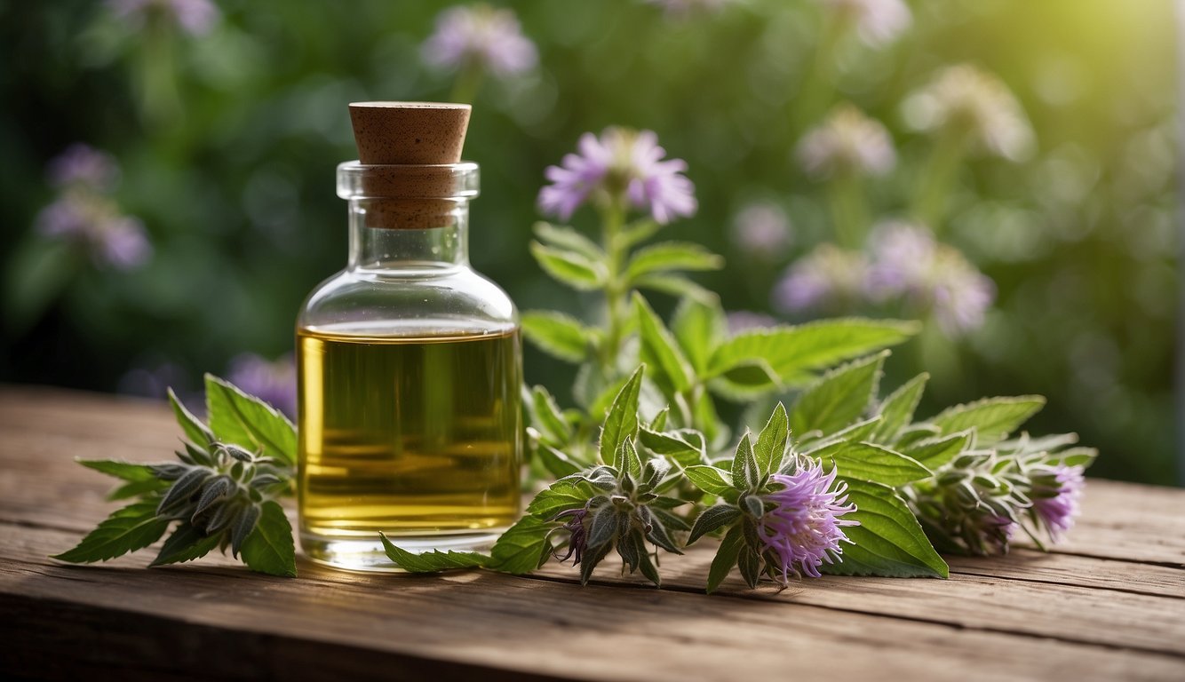 A glass bottle filled with motherwort tincture surrounded by fresh motherwort leaves and flowers on a wooden surface
