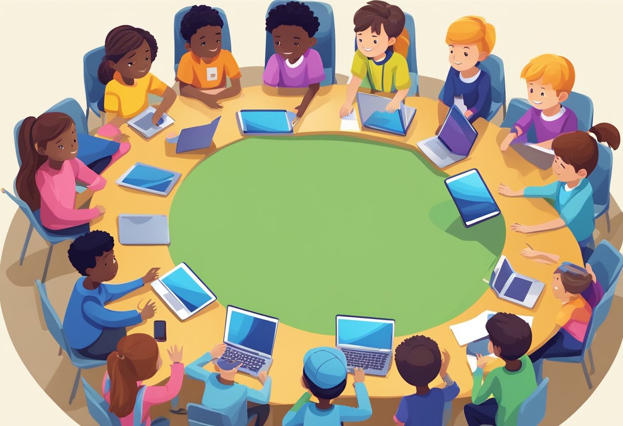 A group of primary students sit in a circle, each holding a tablet or laptop. They are collaborating on a digital project, sharing ideas and working together to create a story using technology