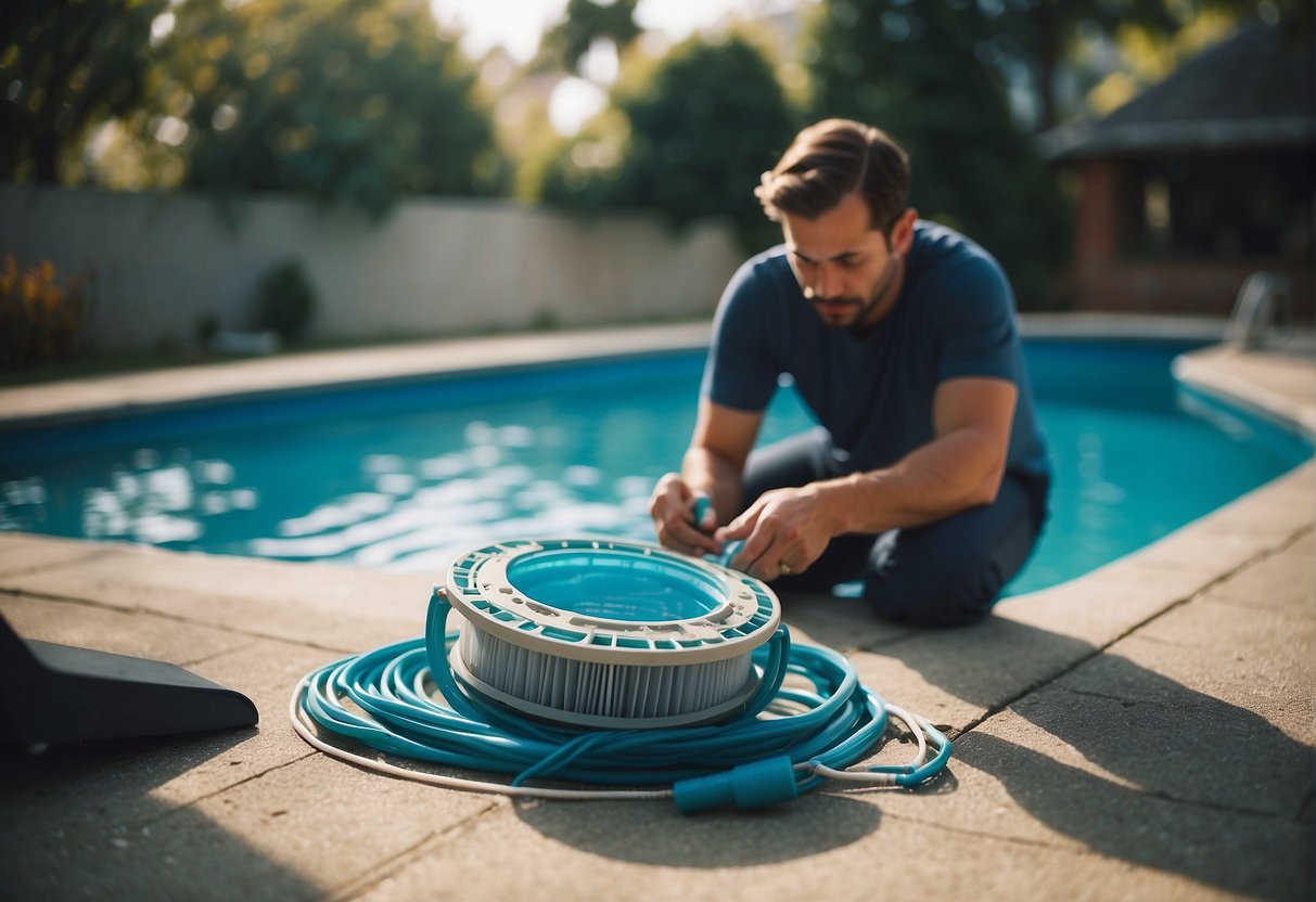 A clean swimming pool filter surrounded by debris and a person making common mistakes while cleaning it