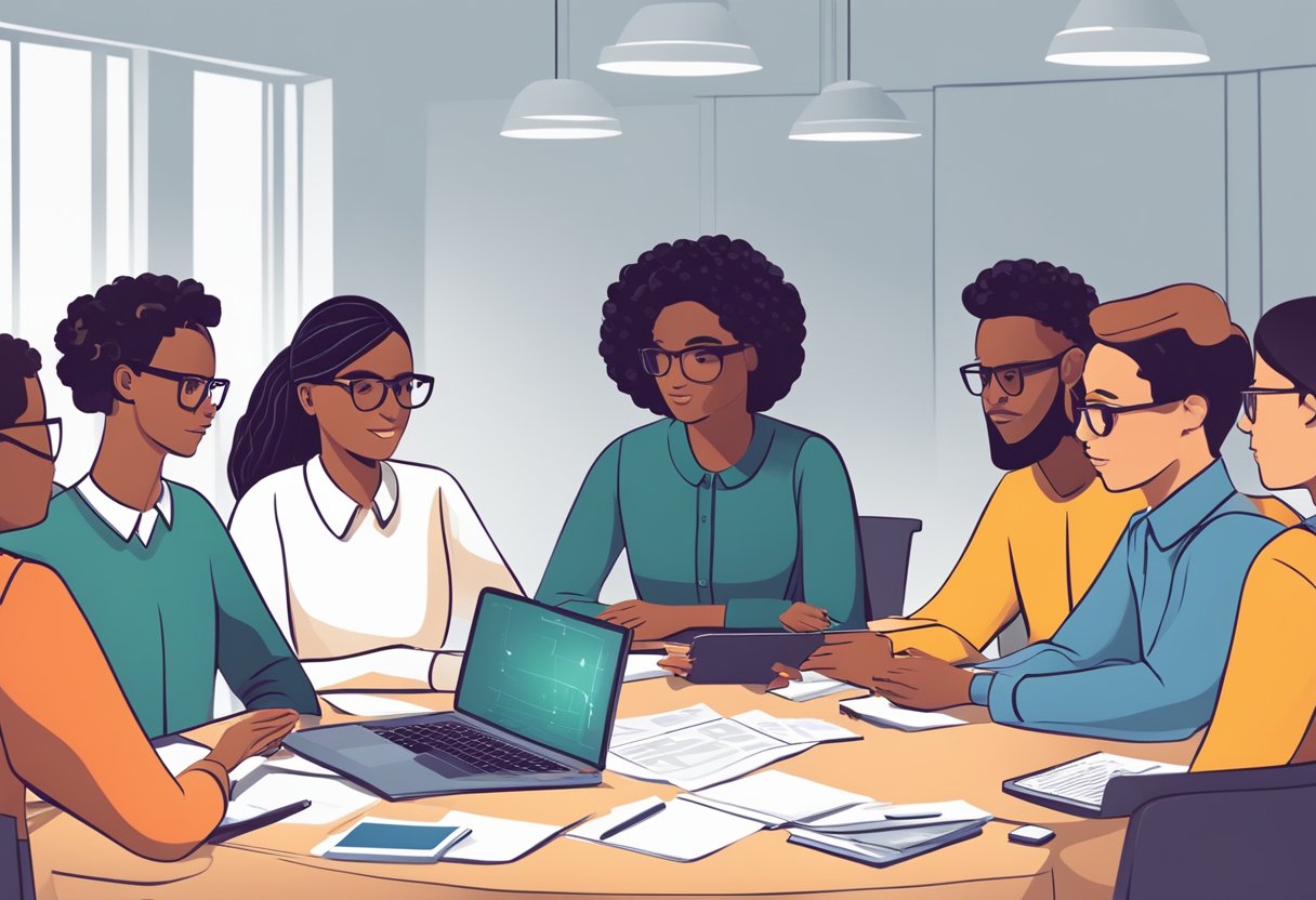 Educators collaborating on tech projects, sharing ideas and resources. A primary teacher leading a group discussion. Technology tools visible on the table