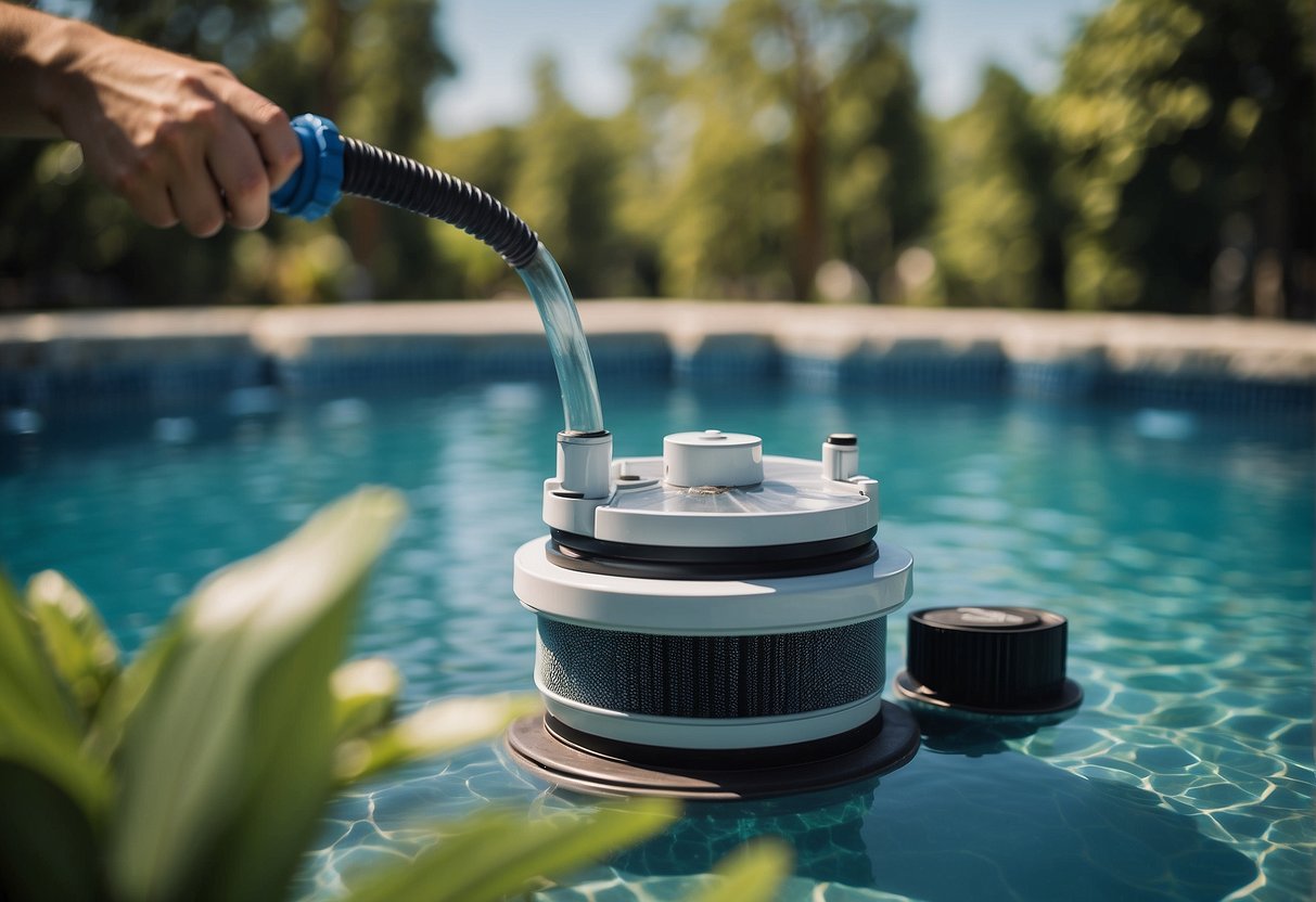 A pool filter being cleaned to prevent algae growth. Clear water and a clean filter are emphasized