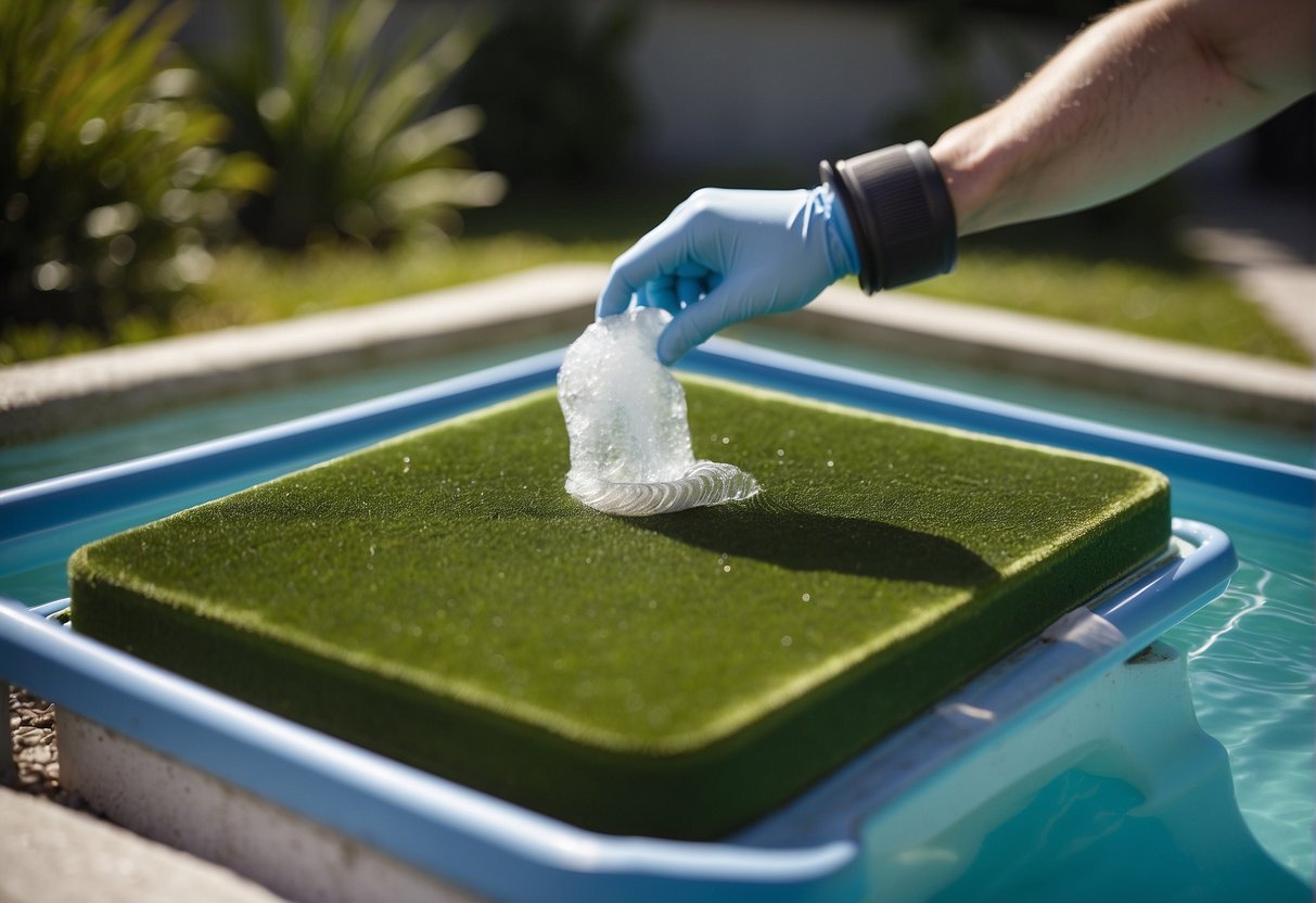 A pool filter being cleaned to prevent algae growth, with test kits and chemicals nearby