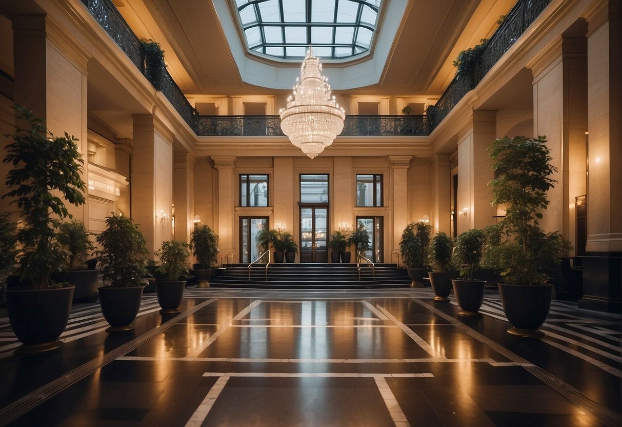 The grand entrance of Hotel de Rome Berlin with a valet parking area, luxurious lobby, concierge desk, and elegant seating areas