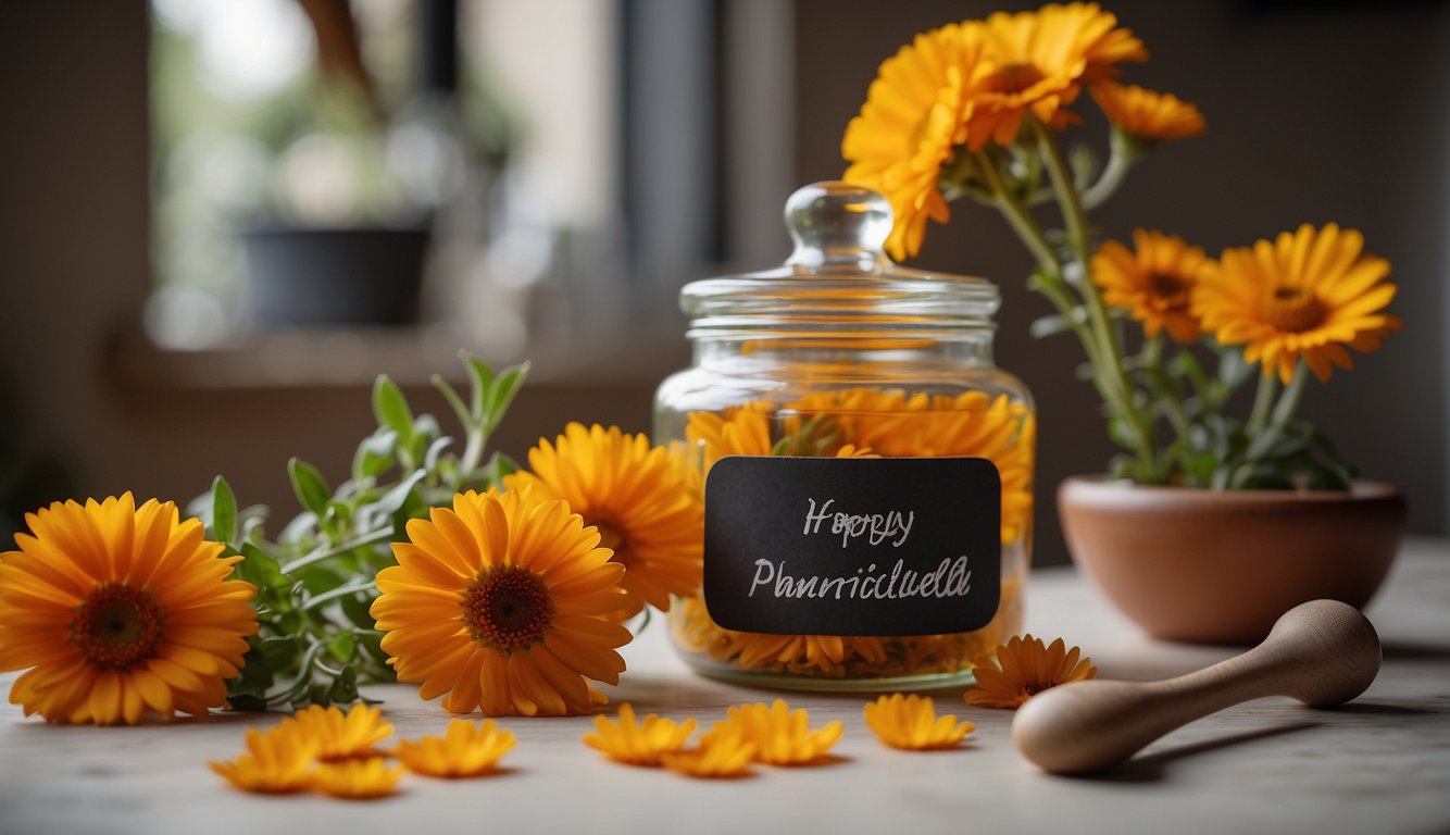 Calendula flowers in a mortar, pestle nearby. Glass jar, alcohol, and labels on a clean, organized workspace