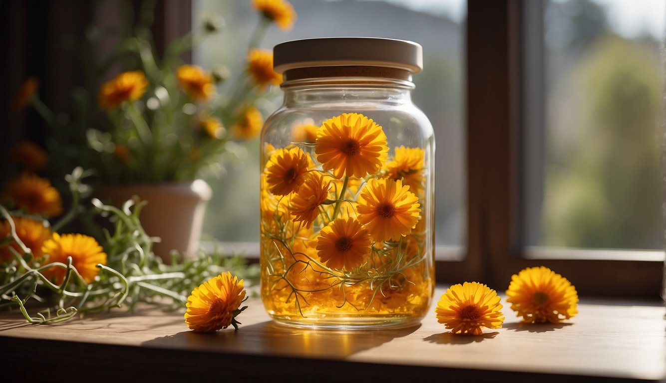 A glass jar filled with dried calendula flowers steeping in alcohol, sitting on a sunny windowsill. A handwritten label reads "Calendula Tincture."