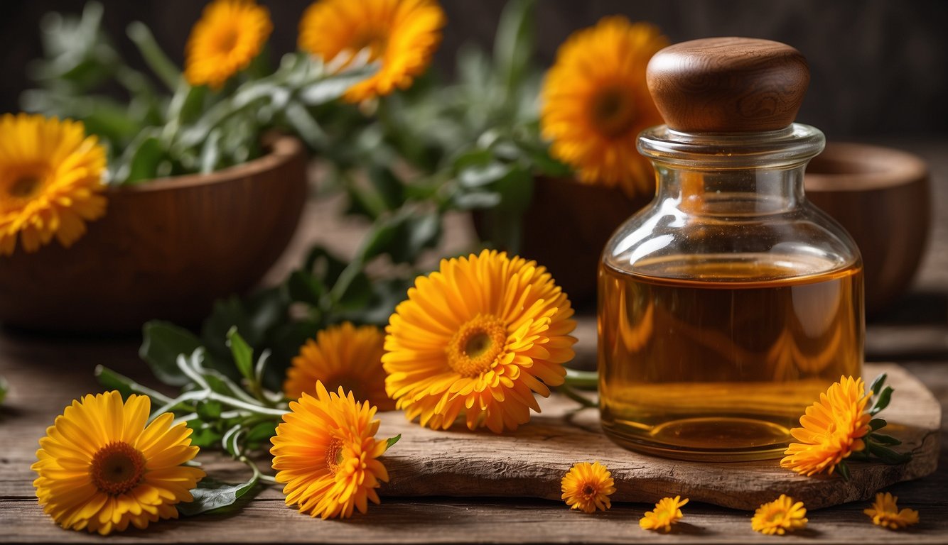 A glass bottle of homemade calendula tincture sits on a wooden table, surrounded by fresh calendula flowers and a mortar and pestle
