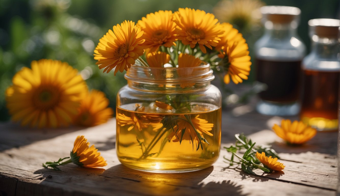 Calendula flowers being harvested and placed in a jar with alcohol to create a tincture