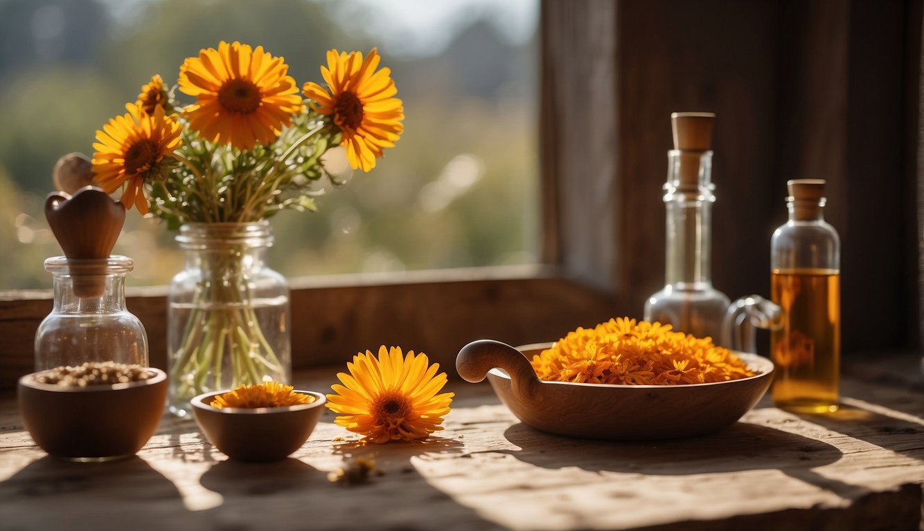 A rustic wooden table holds dried calendula flowers, a mortar and pestle, and glass bottles. Sunlight streams through a window, casting a warm glow on the ingredients