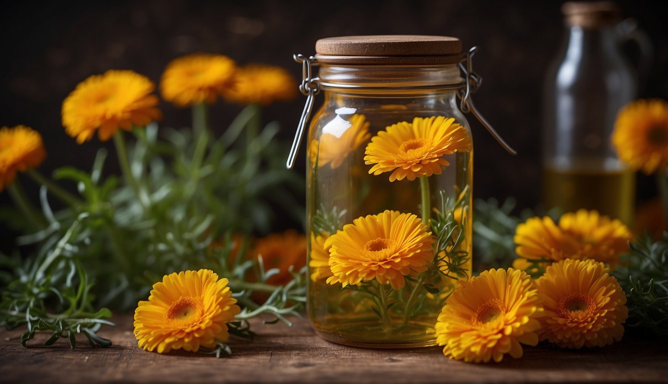 A glass jar filled with fresh calendula flowers soaking in alcohol, with a label indicating it as "Calendula Tincture."