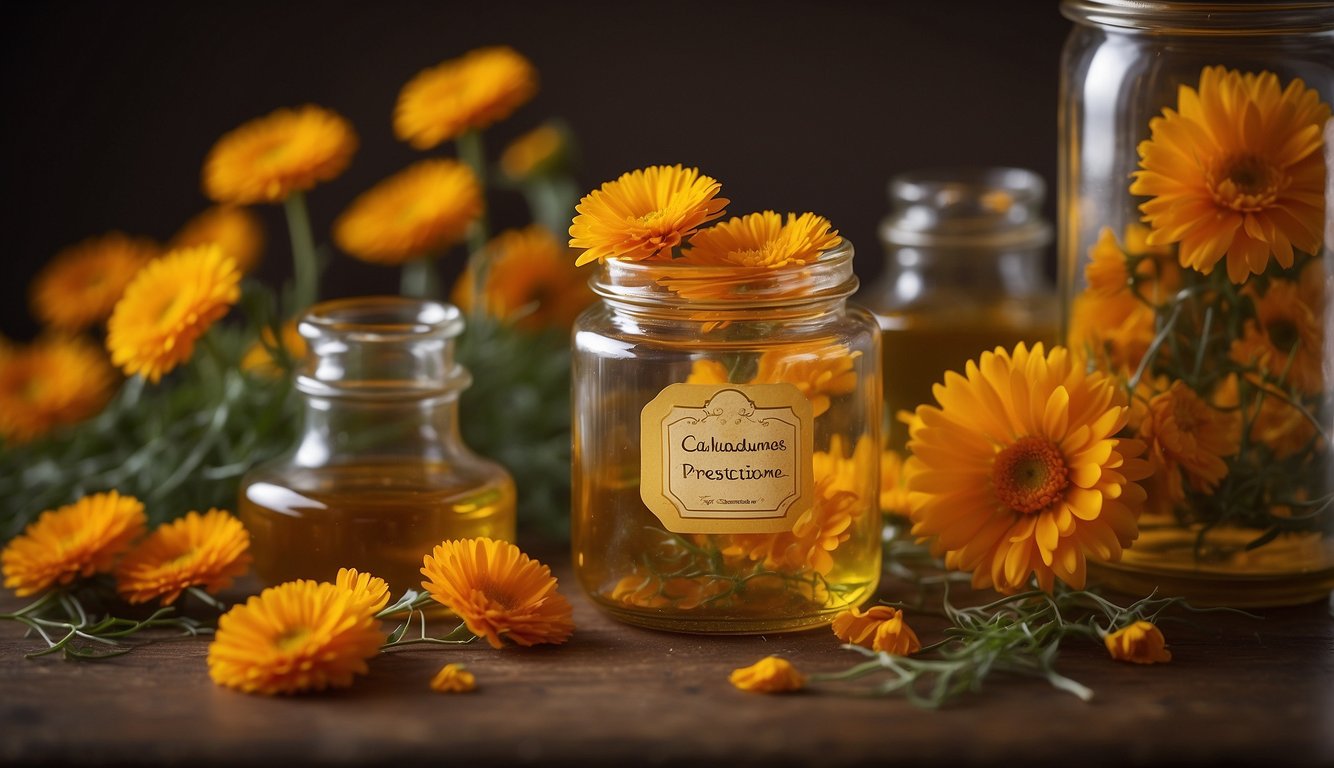 A glass jar filled with calendula flowers soaking in alcohol, with a label indicating "Safety and Precautions calendula tincture recipe."