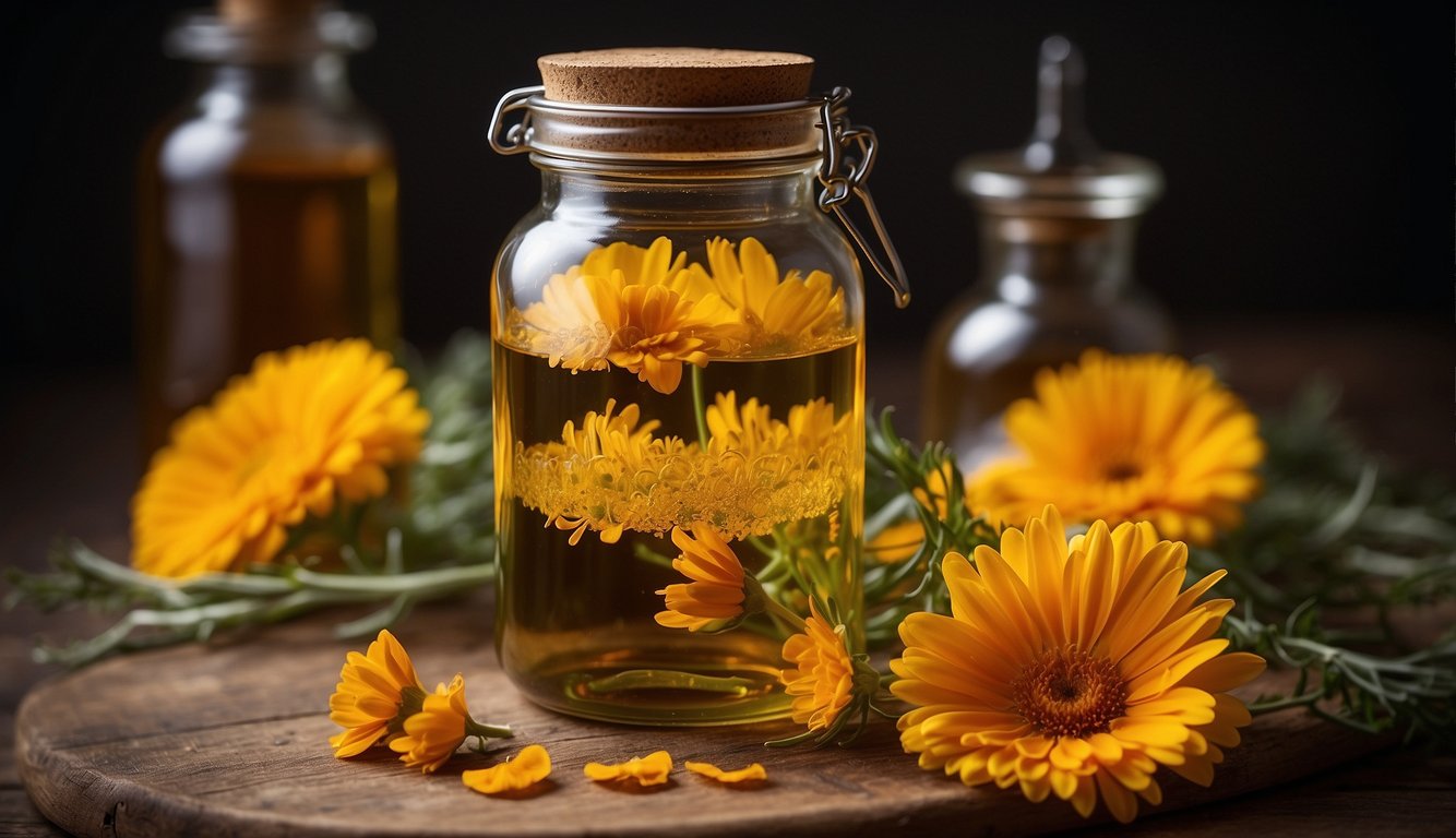 A glass jar filled with calendula flowers soaking in alcohol, labeled "Calendula Tincture Recipe - FAQs" with a dropper next to it