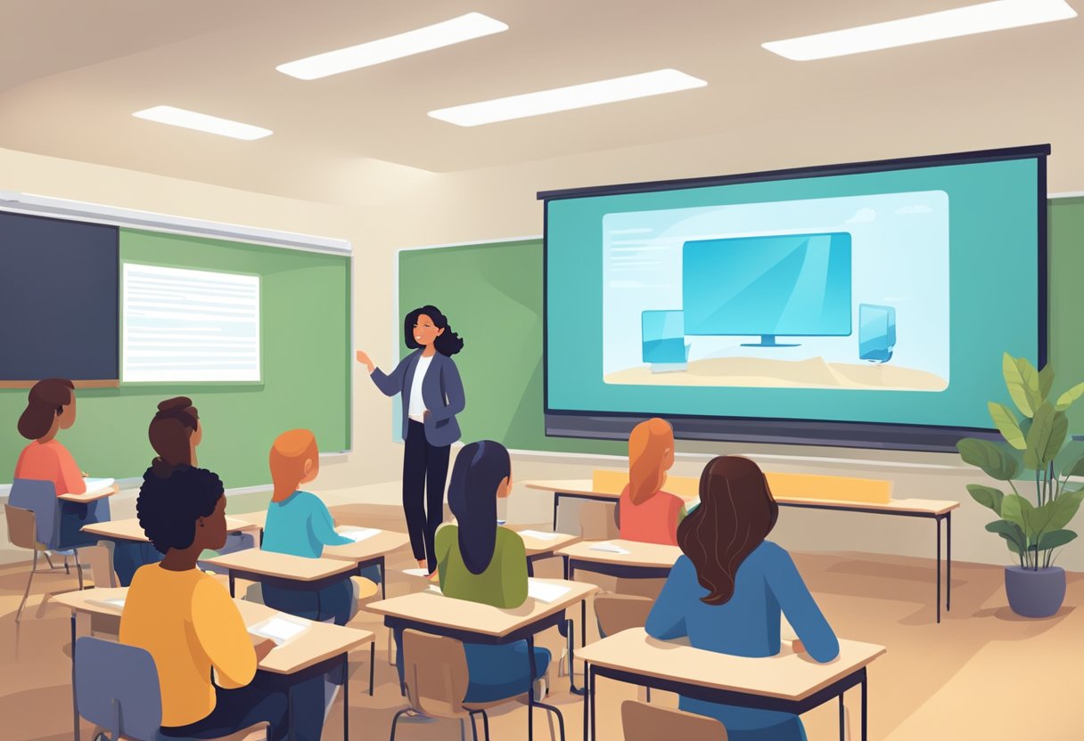 A classroom setting with a large screen displaying an educational video. Students engaged and interacting with the content