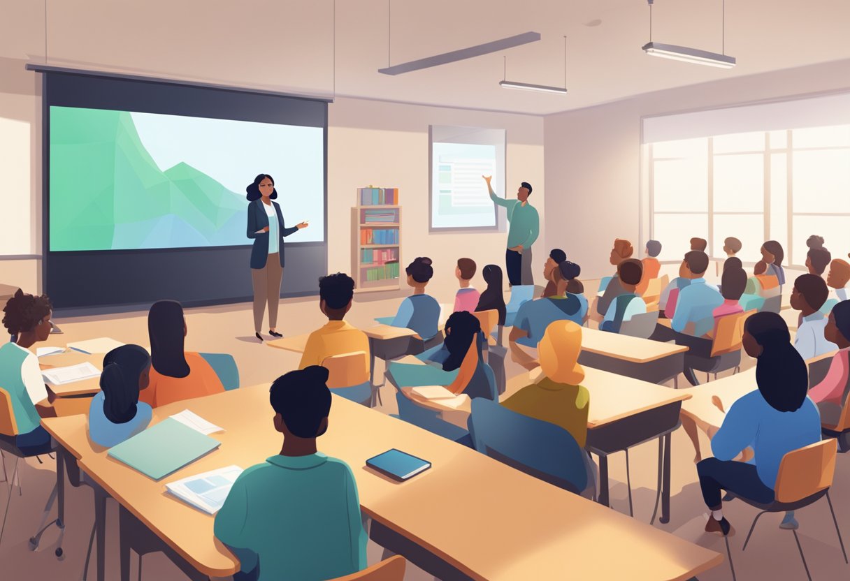 A classroom setting with a large screen displaying engaging educational content, surrounded by attentive students and a teacher facilitating the discussion