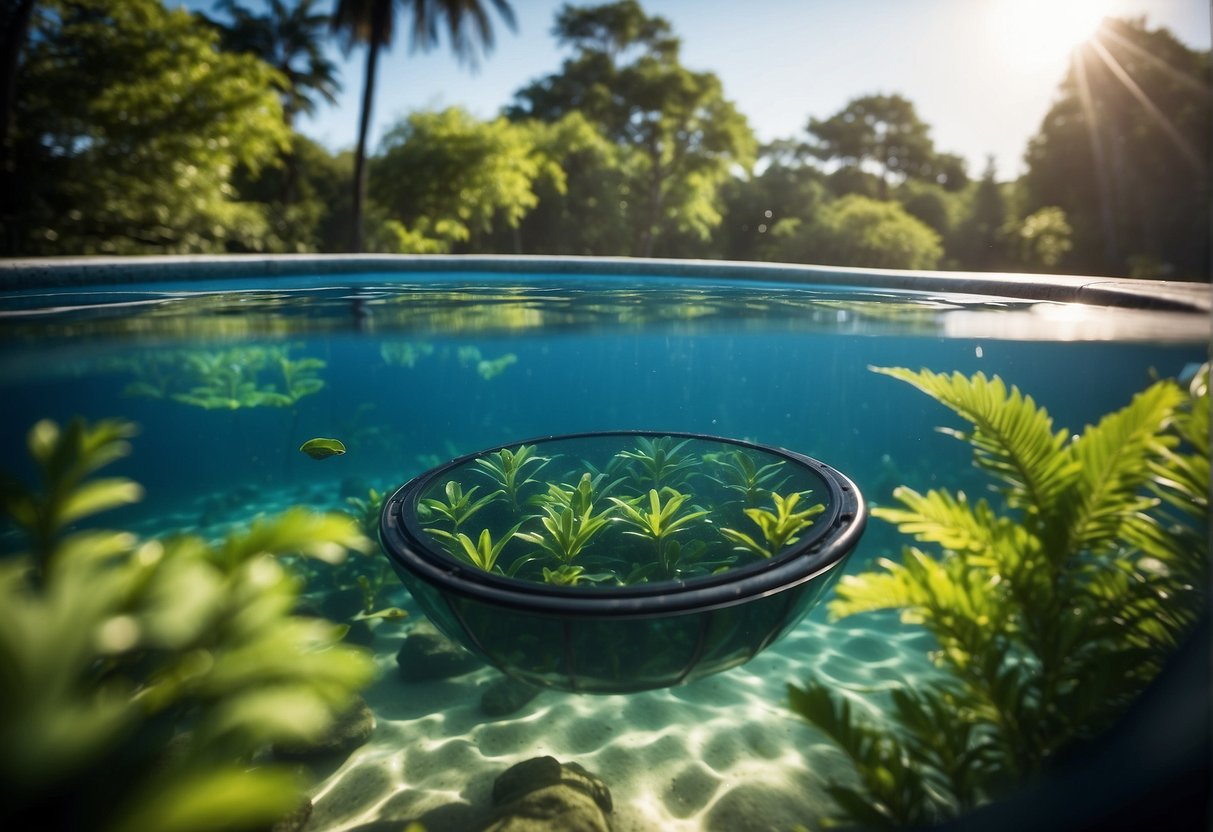 A clean pool filter surrounded by lush greenery, with clear blue water reflecting the sky, showcasing the environmental benefits of proper maintenance