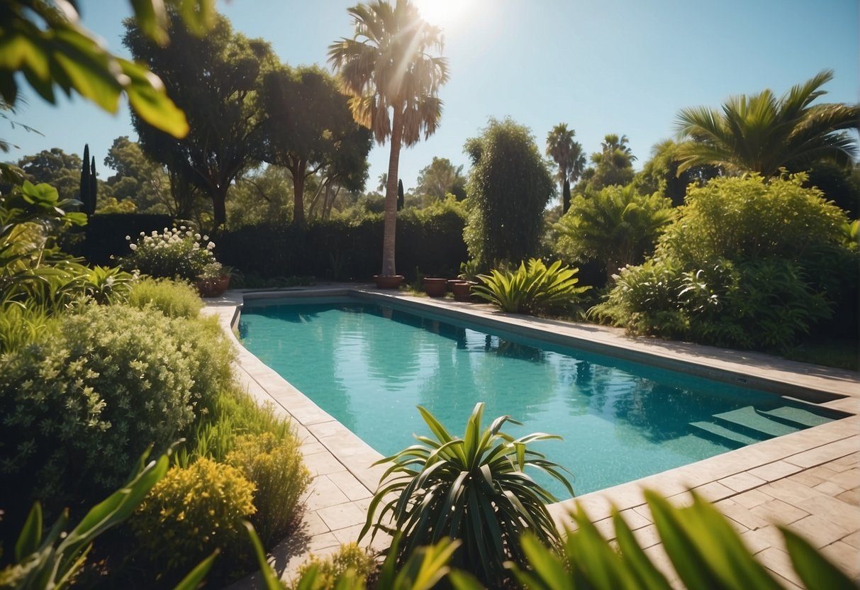 A sparkling pool surrounded by lush greenery, with clean filters visible and a clear blue sky overhead