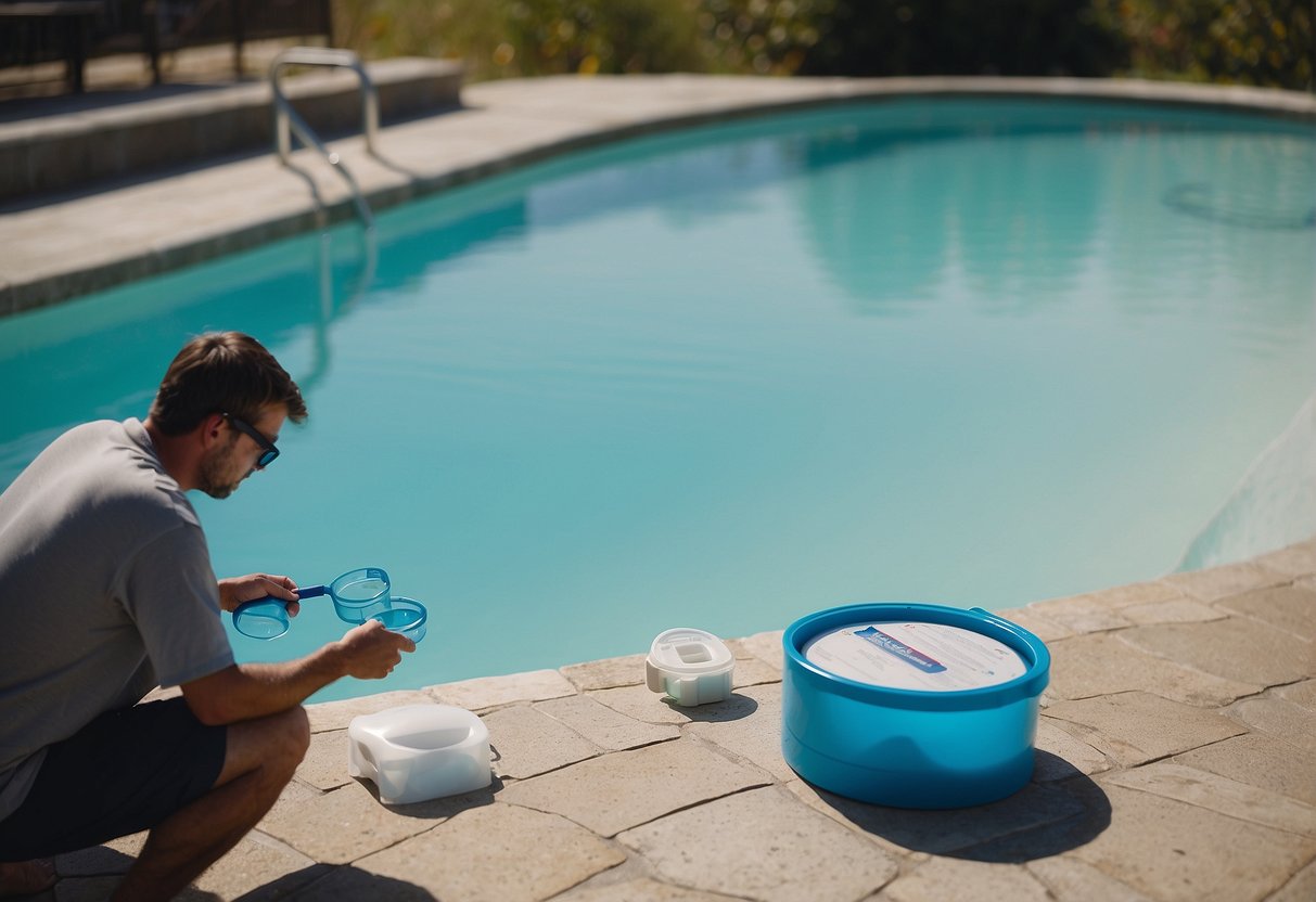 A person adds chlorine and pH balancer to a clear blue pool, checking levels with a testing kit. A skimmer collects debris from the surface
