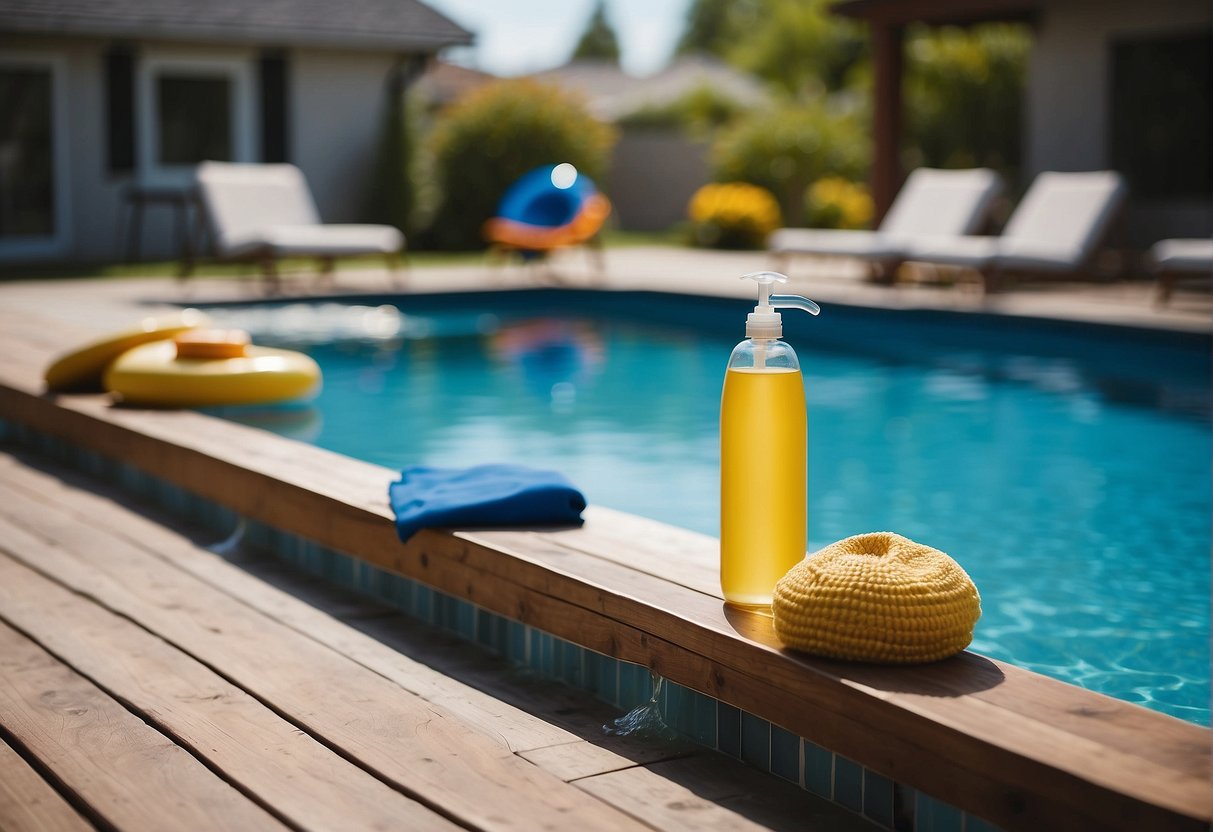 A clean, well-maintained pool with clear water and properly balanced chemicals, surrounded by a tidy deck and clean pool equipment