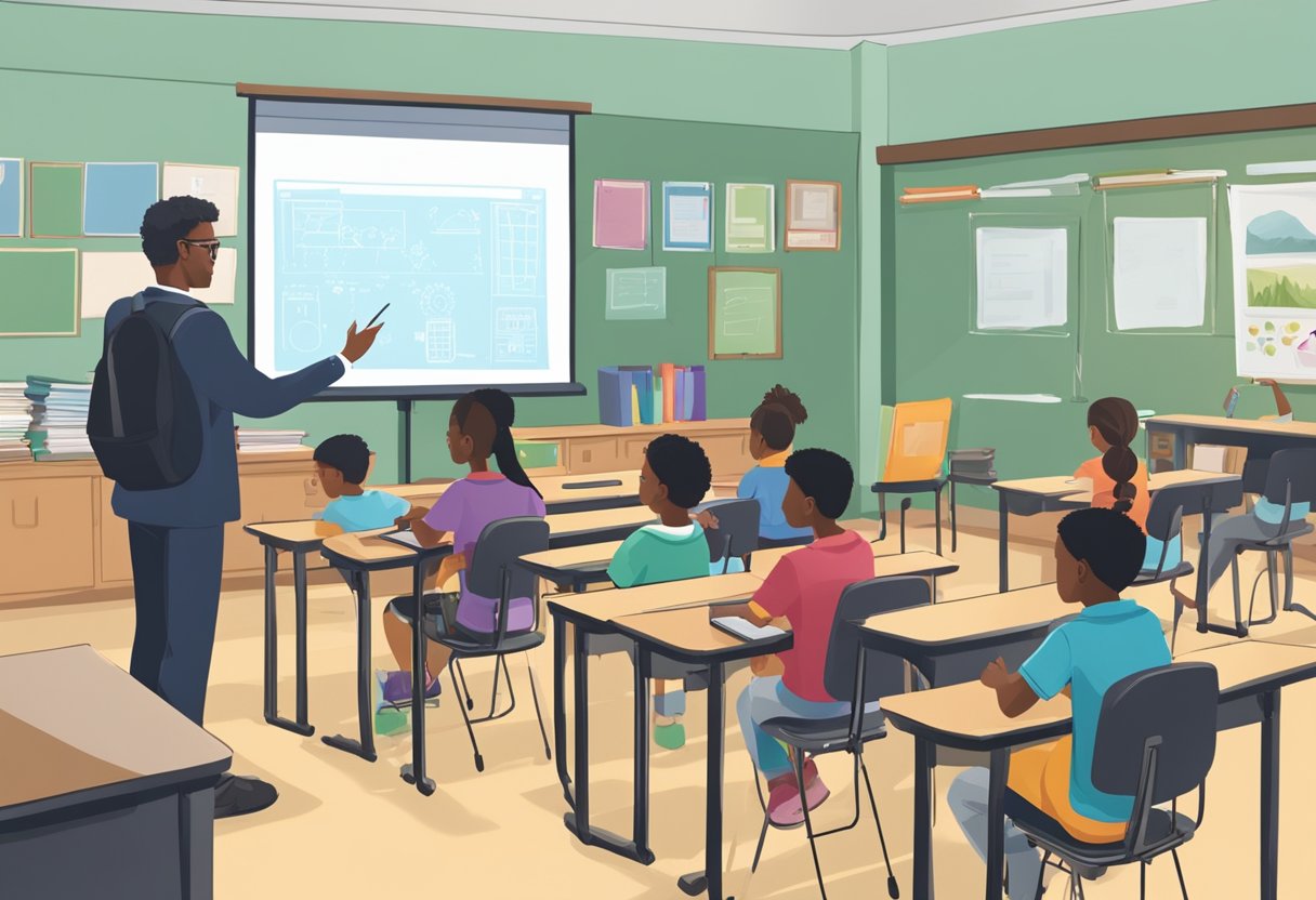 A teacher stands at the front of a classroom, surrounded by students sitting at desks. Each student is using a device, while the teacher uses a smartboard to guide the lesson