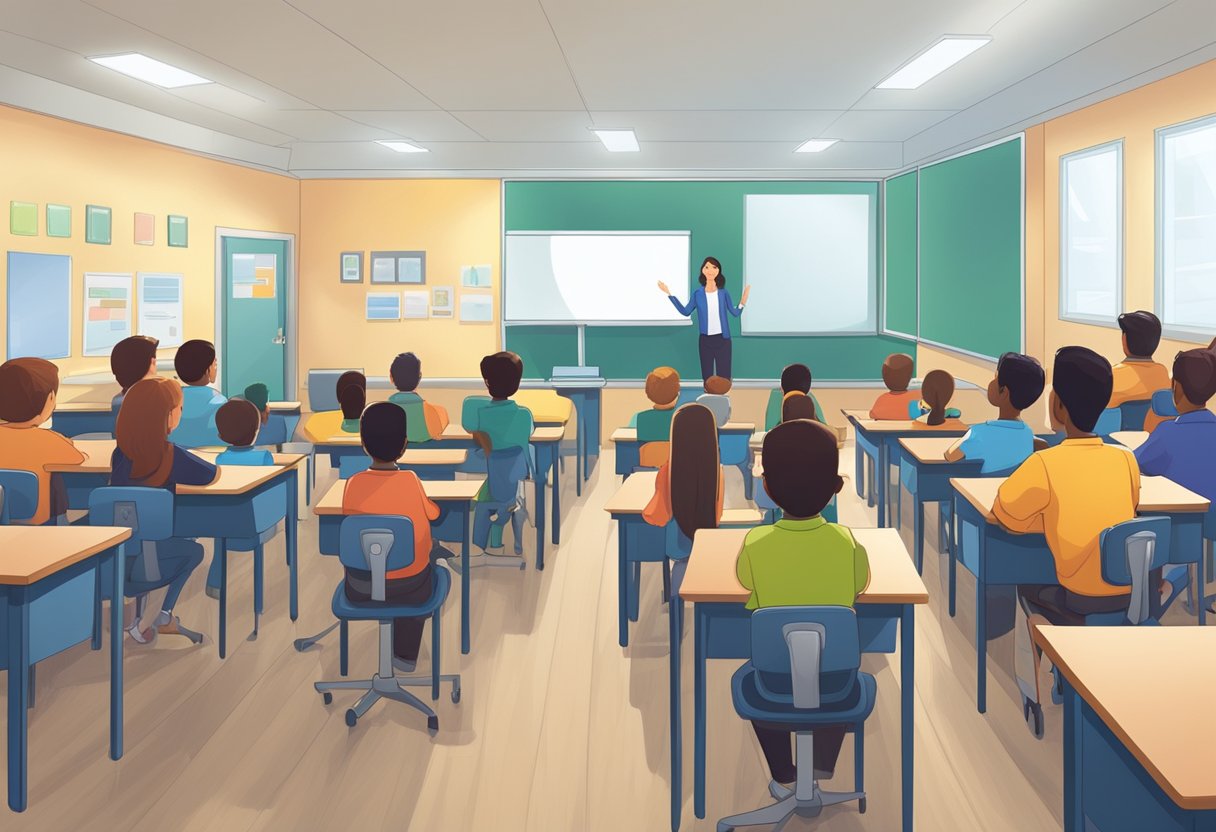 A classroom with various technology devices neatly arranged on desks, while a teacher stands at the front of the room, addressing the students