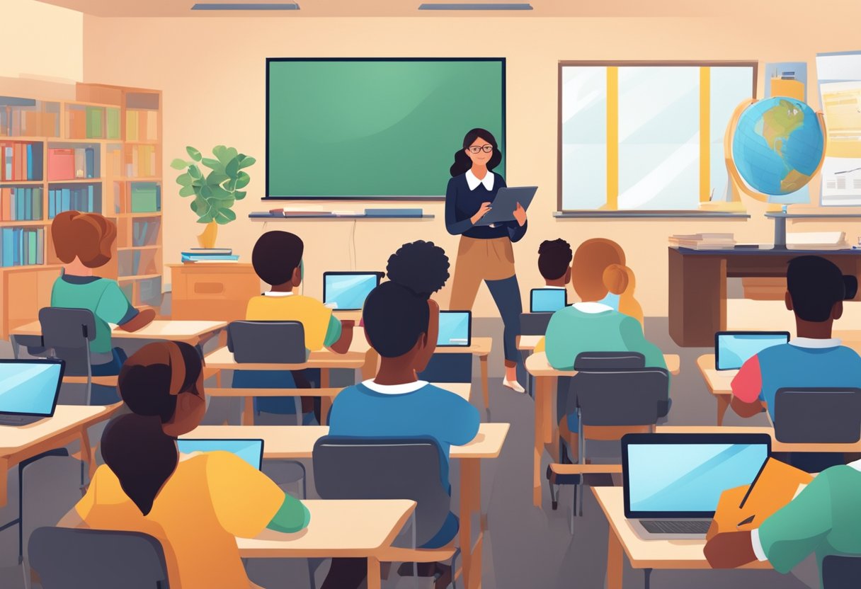 Students using devices in a classroom while teacher monitors