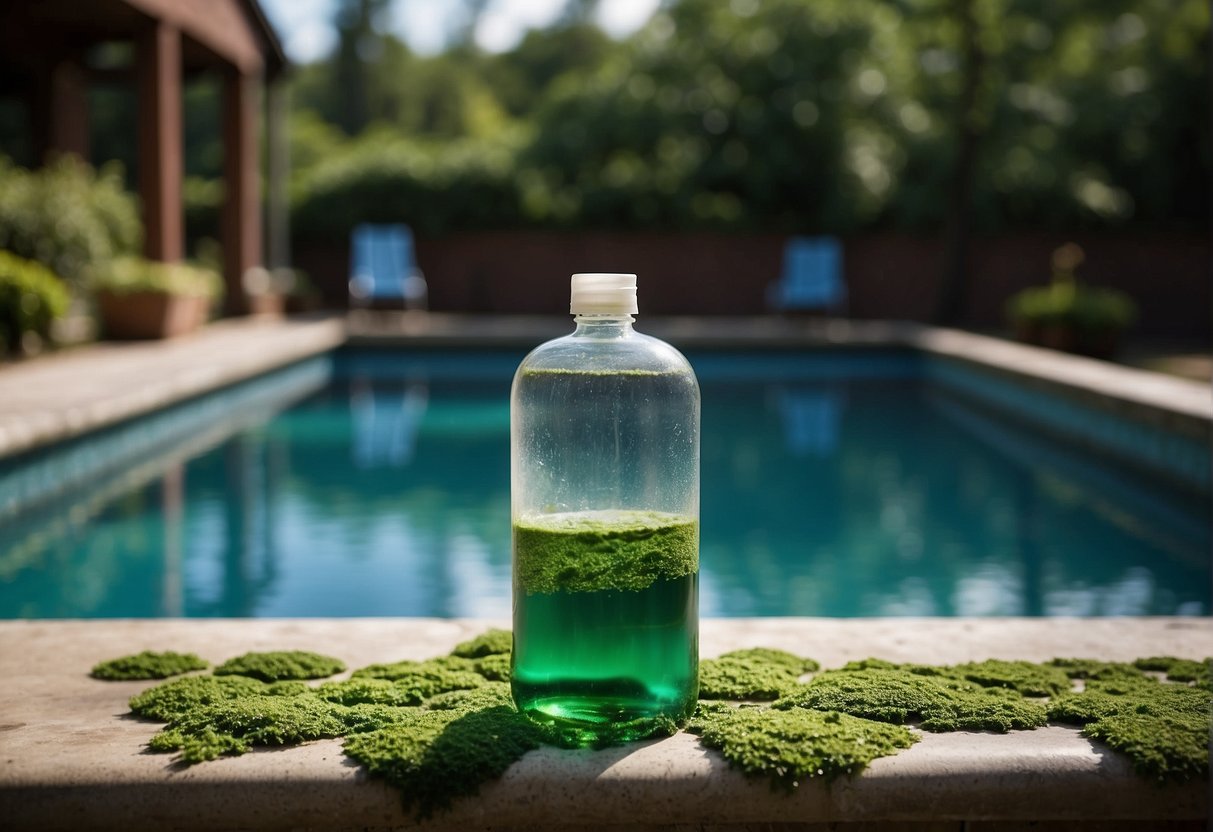 A Georgia swimming pool with imbalanced chemicals, showing cloudy water and algae growth. Test kits and chemical bottles nearby