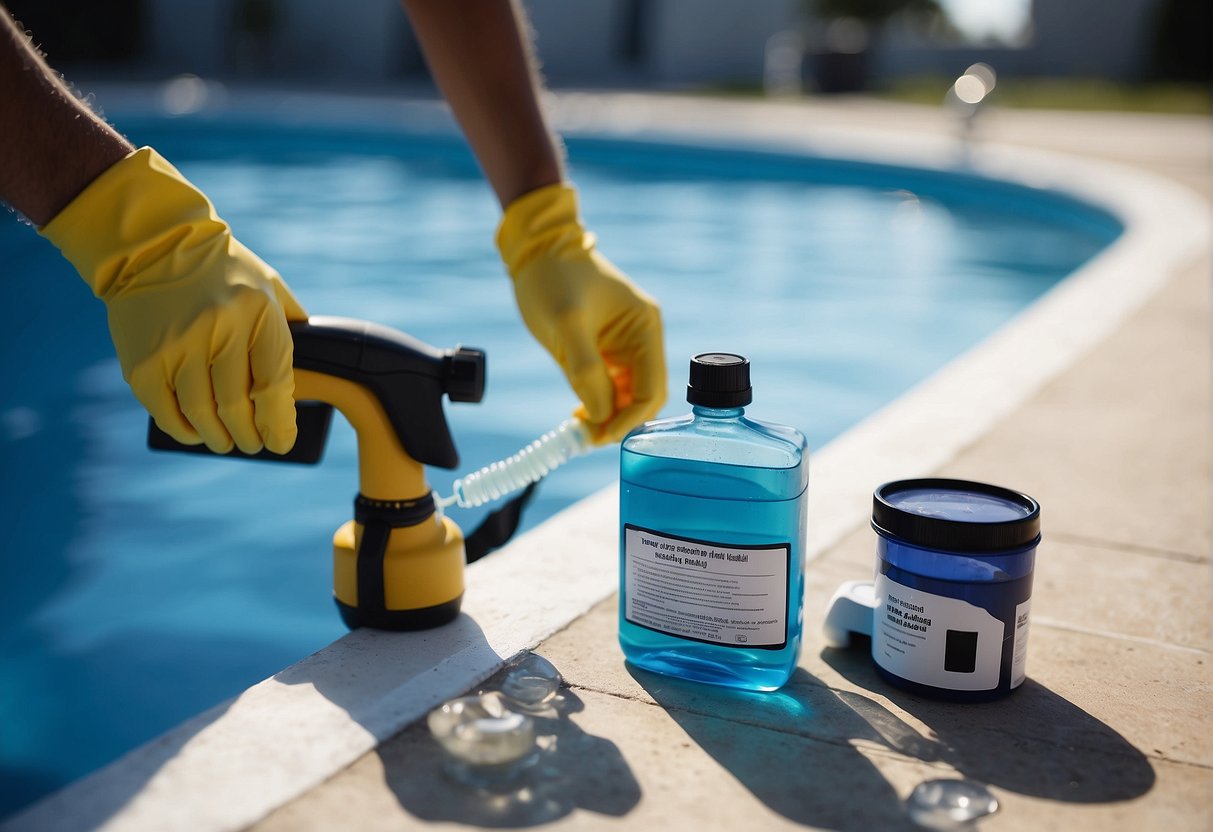 A pool technician adding chemicals to balance water in a Georgia swimming pool. Testing kit and various chemicals are laid out on the pool deck