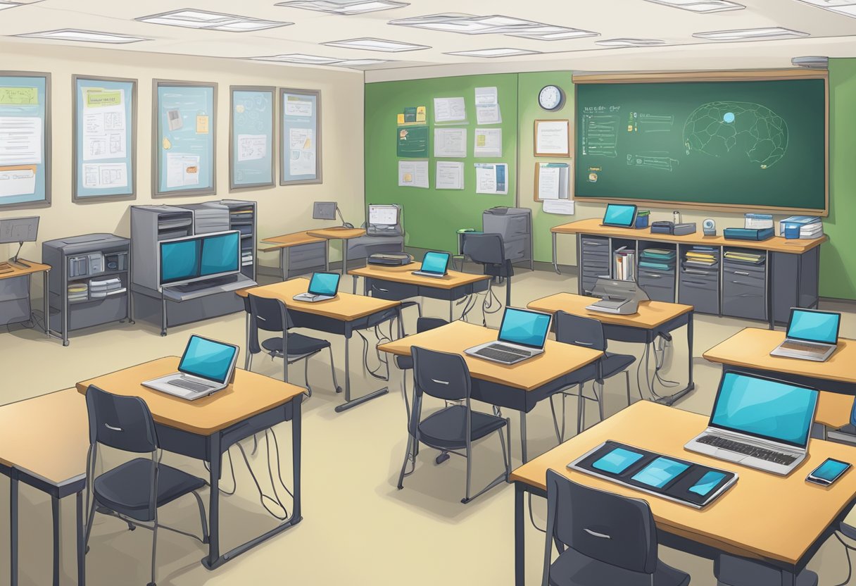 A classroom with various devices neatly organized on desks, with charging stations and a tech support area in the corner. A poster with tech tips for teachers is prominently displayed on the wall
