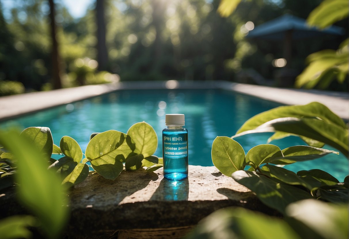 A clear blue pool with a pH testing kit floating on the surface, surrounded by lush greenery and the Georgia sun shining down