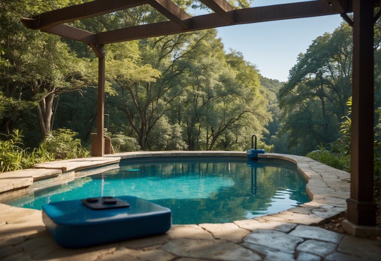 A pool with clear blue water, surrounded by Georgia's lush green landscape, with a pH testing kit and chemicals nearby