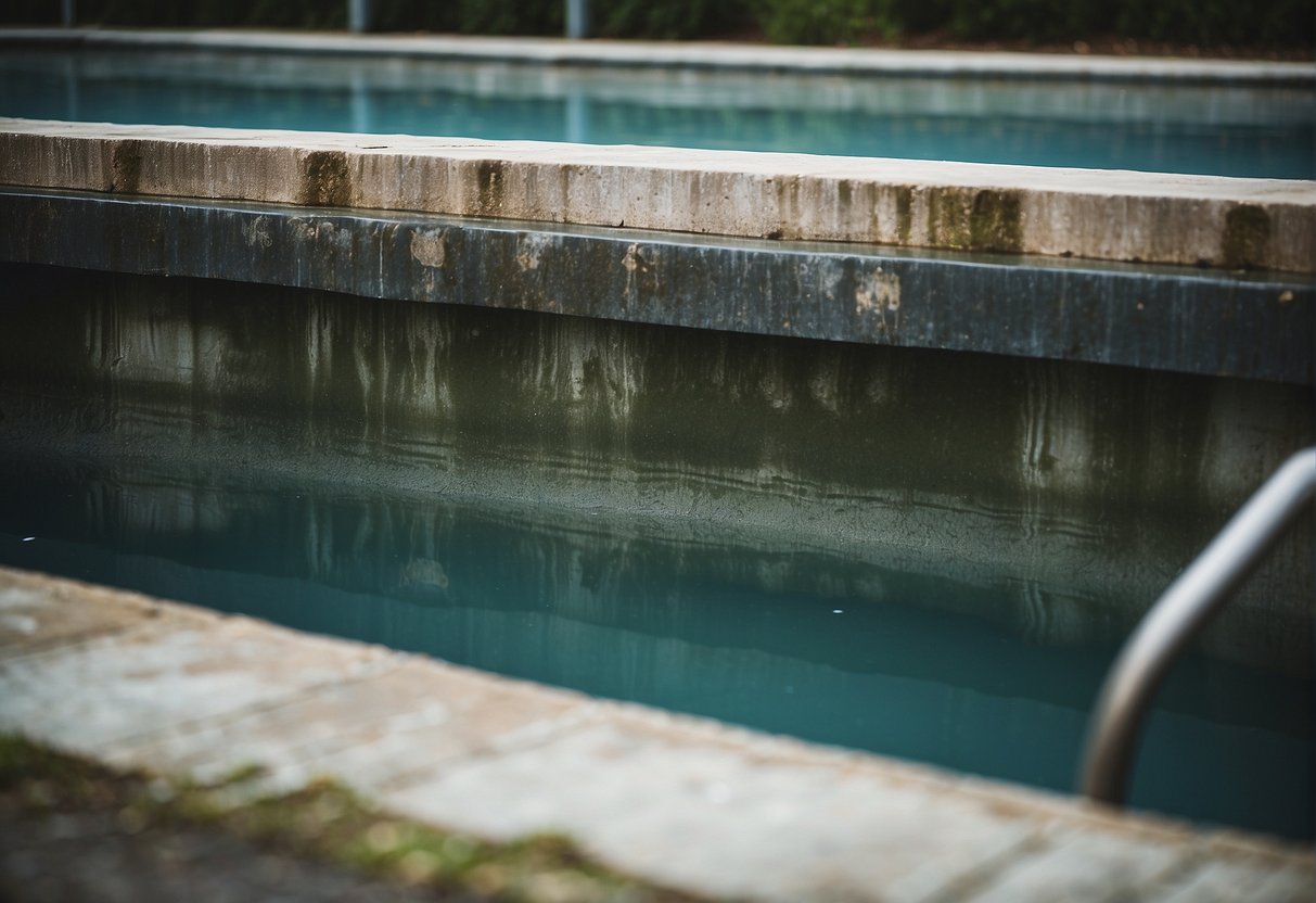 A pool with murky water, algae growth, and signs of corrosion on metal fixtures due to improper pH levels in Georgia