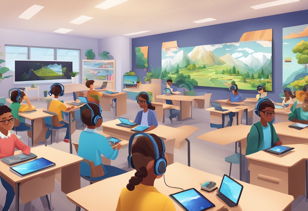 Augmented Reality in Education: Enhancing Primary Learning Experiences Augmented Reality,Learning experience LearningMole A classroom with students using AR headsets to explore virtual landscapes and interact with digital learning materials