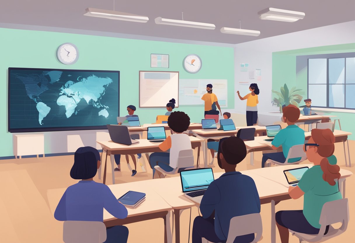 Augmented Reality in Education: Enhancing Primary Learning Experiences Augmented Reality,Learning experience LearningMole A classroom with students wearing AR glasses, interacting with virtual objects projected onto their desks. The teacher guides them through a lesson using AR technology