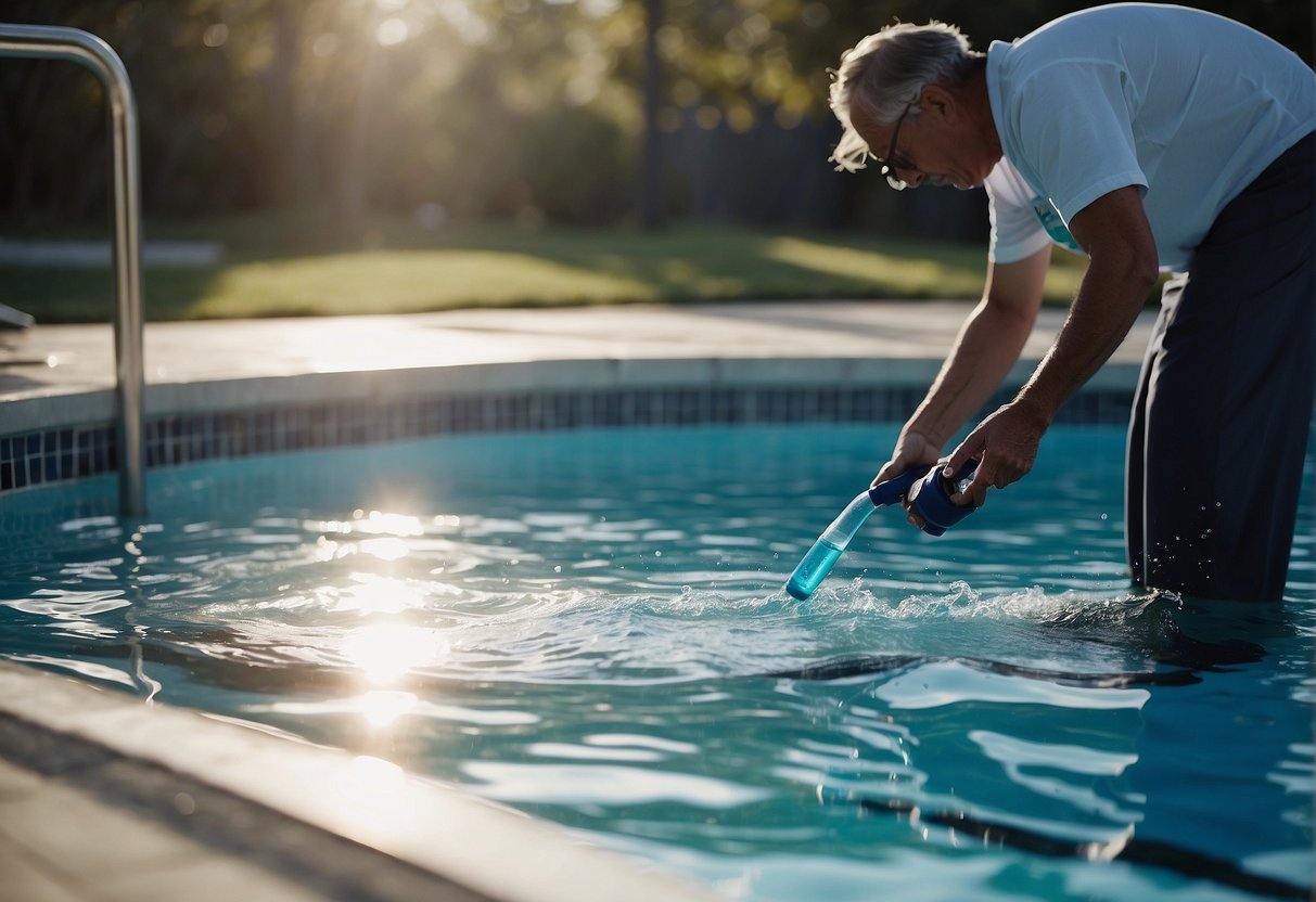 A person adding chemicals to a swimming pool. They are testing and adjusting the alkalinity levels to maintain proper balance. The Georgia sun shines down on the clear blue water