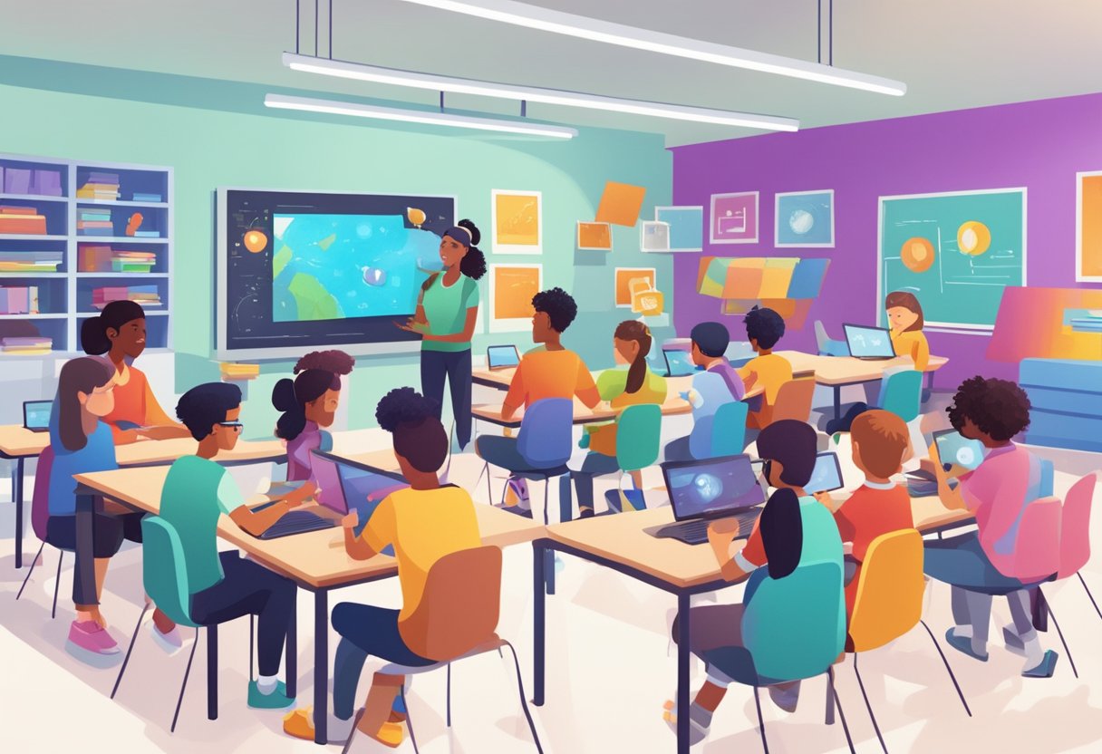 Augmented Reality in Education: Enhancing Primary Learning Experiences Augmented Reality,Learning experience LearningMole A group of young students engage with interactive AR technology, exploring virtual objects and collaborating on educational tasks in a vibrant classroom setting