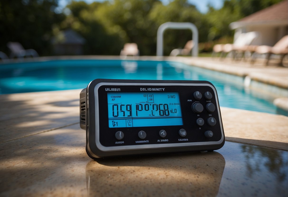 A pool with clear water, a chemical balance controller, and an alkalinity controller. The controllers are set to maintain proper alkalinity levels in a Georgia swimming pool