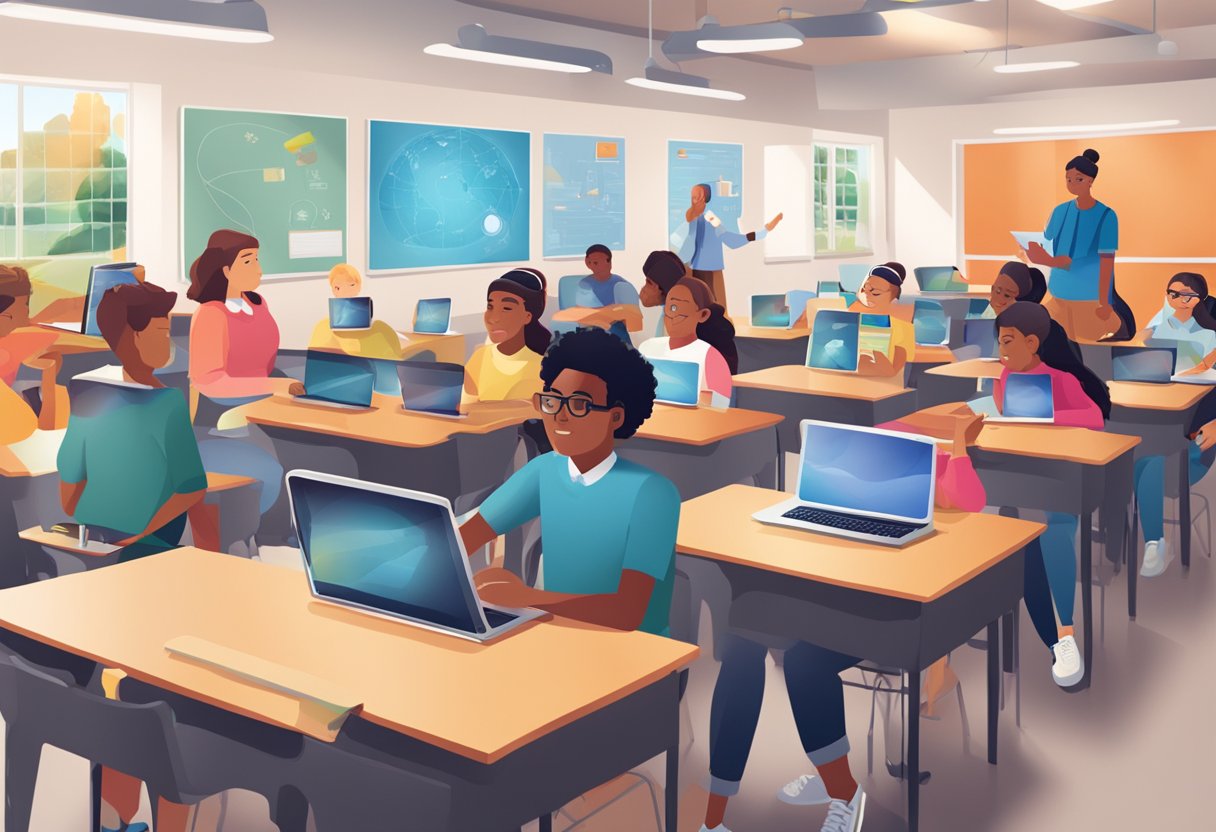 Augmented Reality in Education: Enhancing Primary Learning Experiences Augmented Reality,Learning experience LearningMole A classroom setting with AR devices and students engaged in interactive learning activities. Visual elements show challenges being overcome through technology