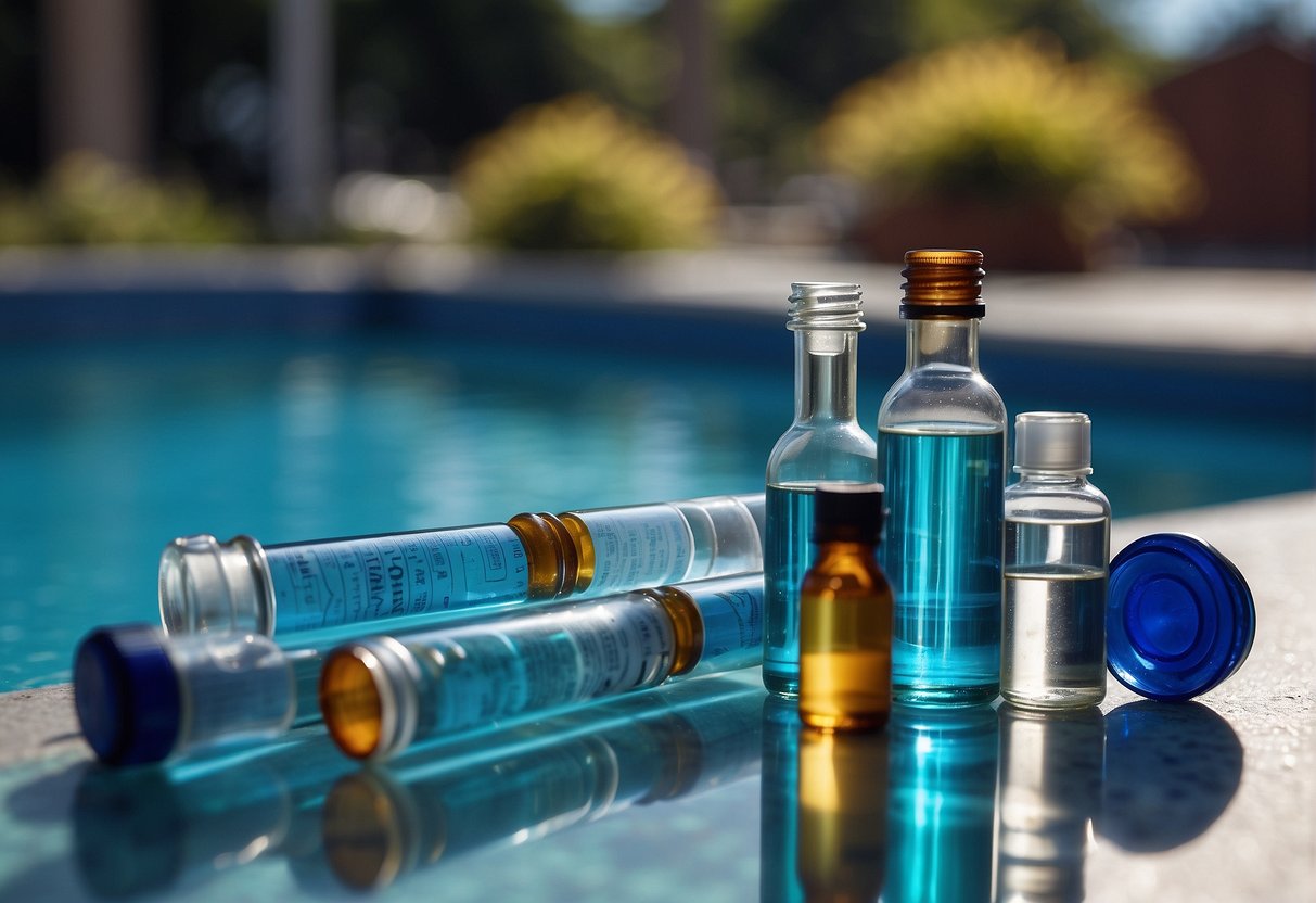 A pool testing kit sits open on the edge of a sparkling blue swimming pool, with various chemical testing vials and bottles nearby