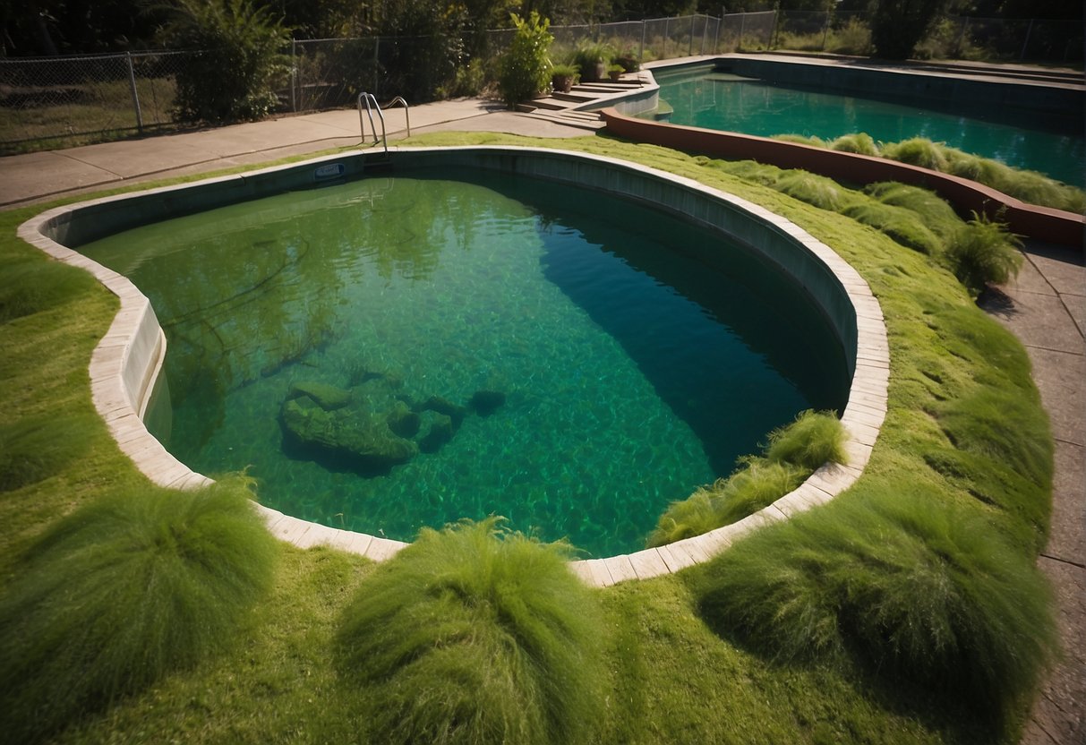 A neglected Georgia swimming pool turns green with algae, emitting a strong odor. pH and chlorine levels are dangerously unbalanced
