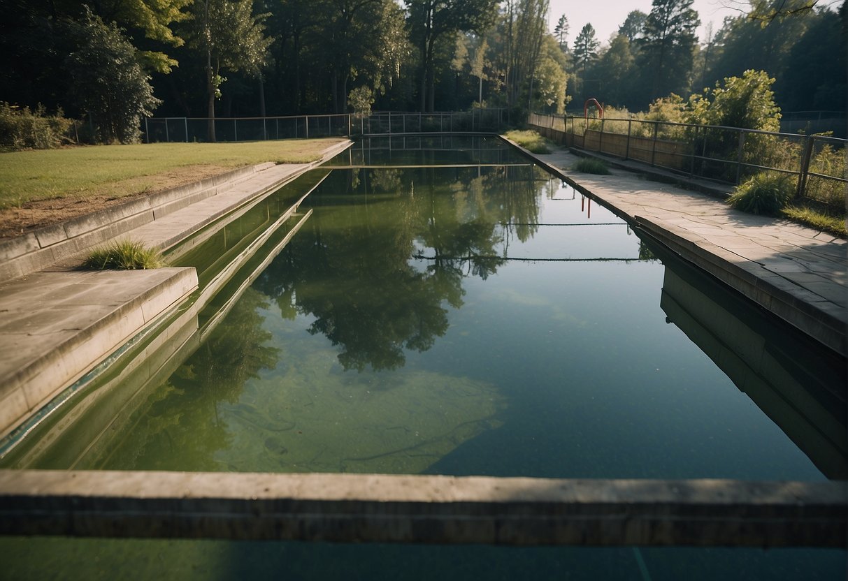 The murky water of a neglected Georgia swimming pool shows signs of chemical imbalance, with algae growth and discoloration