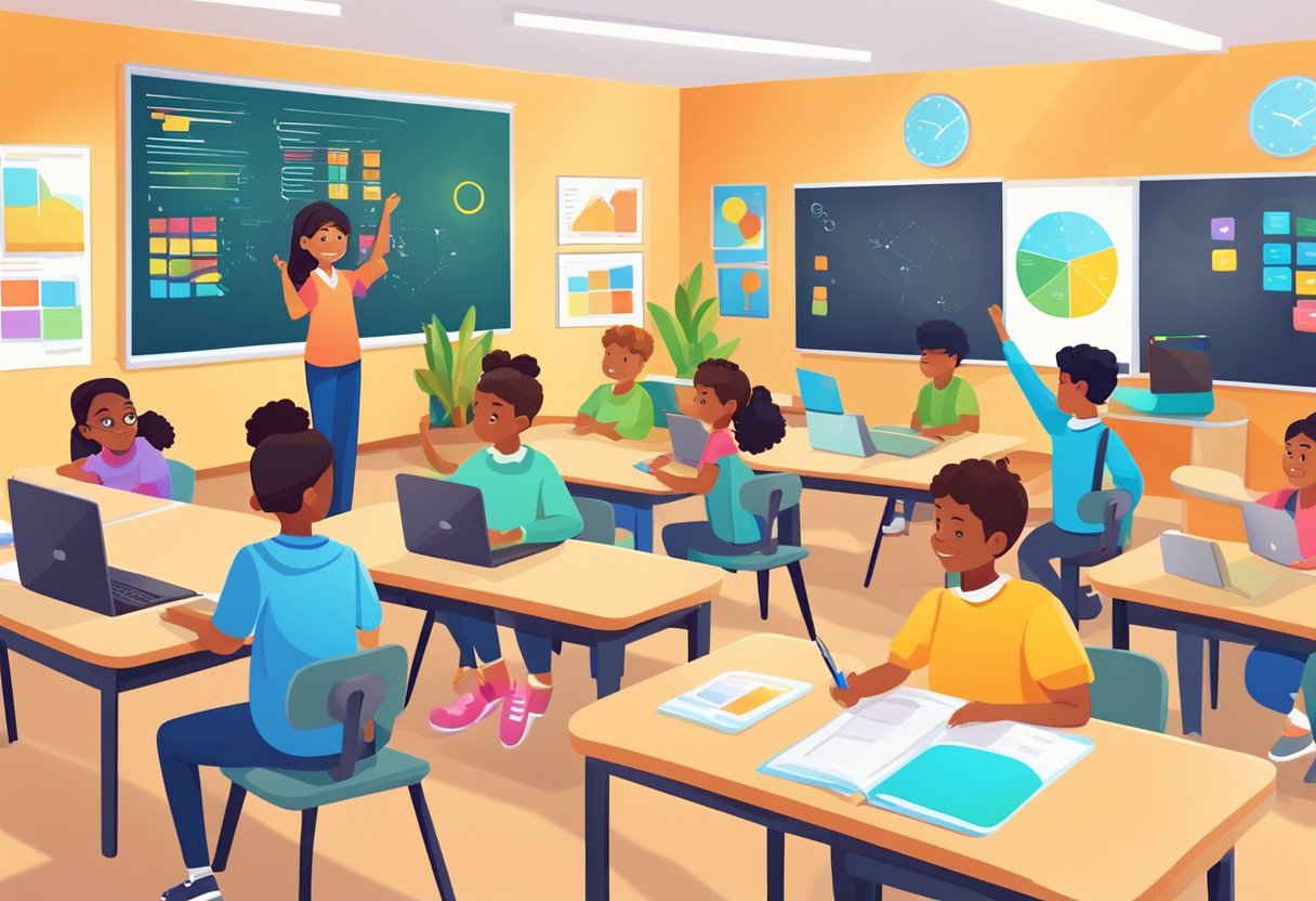 Introducing Coding to Young Learners: Engaging Strategies for Teachers Coding LearningMole Bright classroom with colorful posters, interactive whiteboard, and child-friendly coding tools. Teacher engaging students in hands-on coding activities