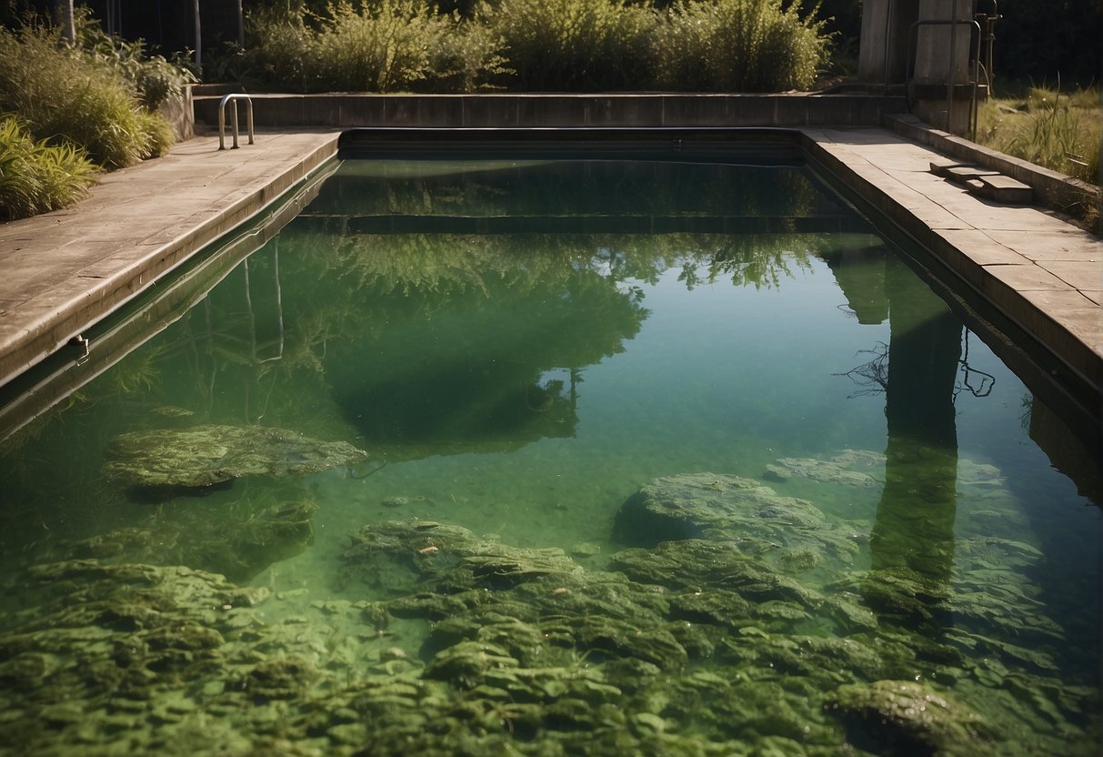 The neglected swimming pool water turns murky, with algae and debris floating on the surface. The chemical balance is off, causing discoloration and a foul odor
