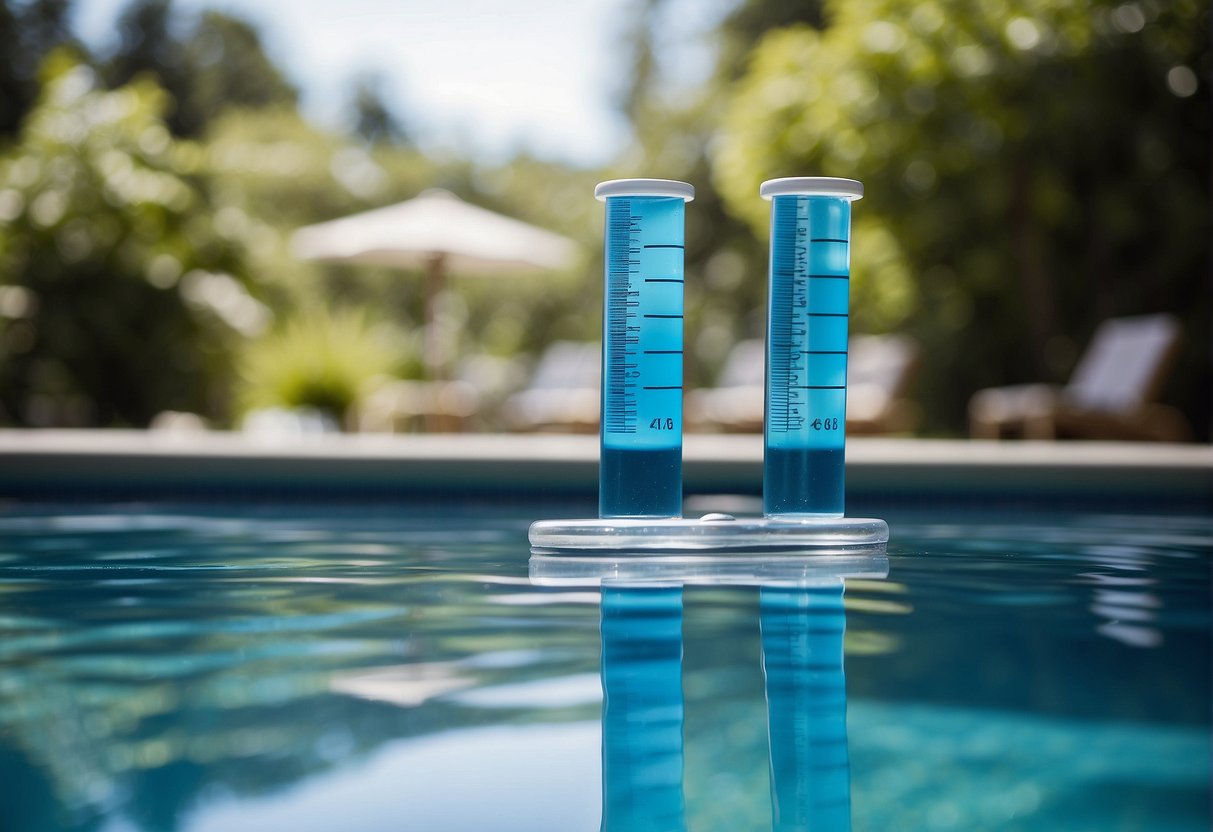 A clear blue swimming pool with a test kit, calcium hardness increaser, and a balance scale. The pool water is balanced and inviting
