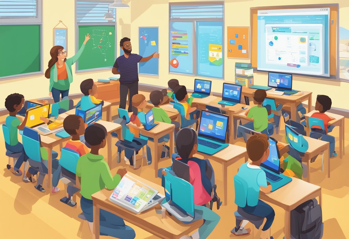 Introducing Coding to Young Learners: Engaging Strategies for Teachers Coding LearningMole A classroom filled with colorful coding tools and resources, including laptops, tablets, and robots. A teacher demonstrating coding techniques to young learners, with excitement and engagement in the air