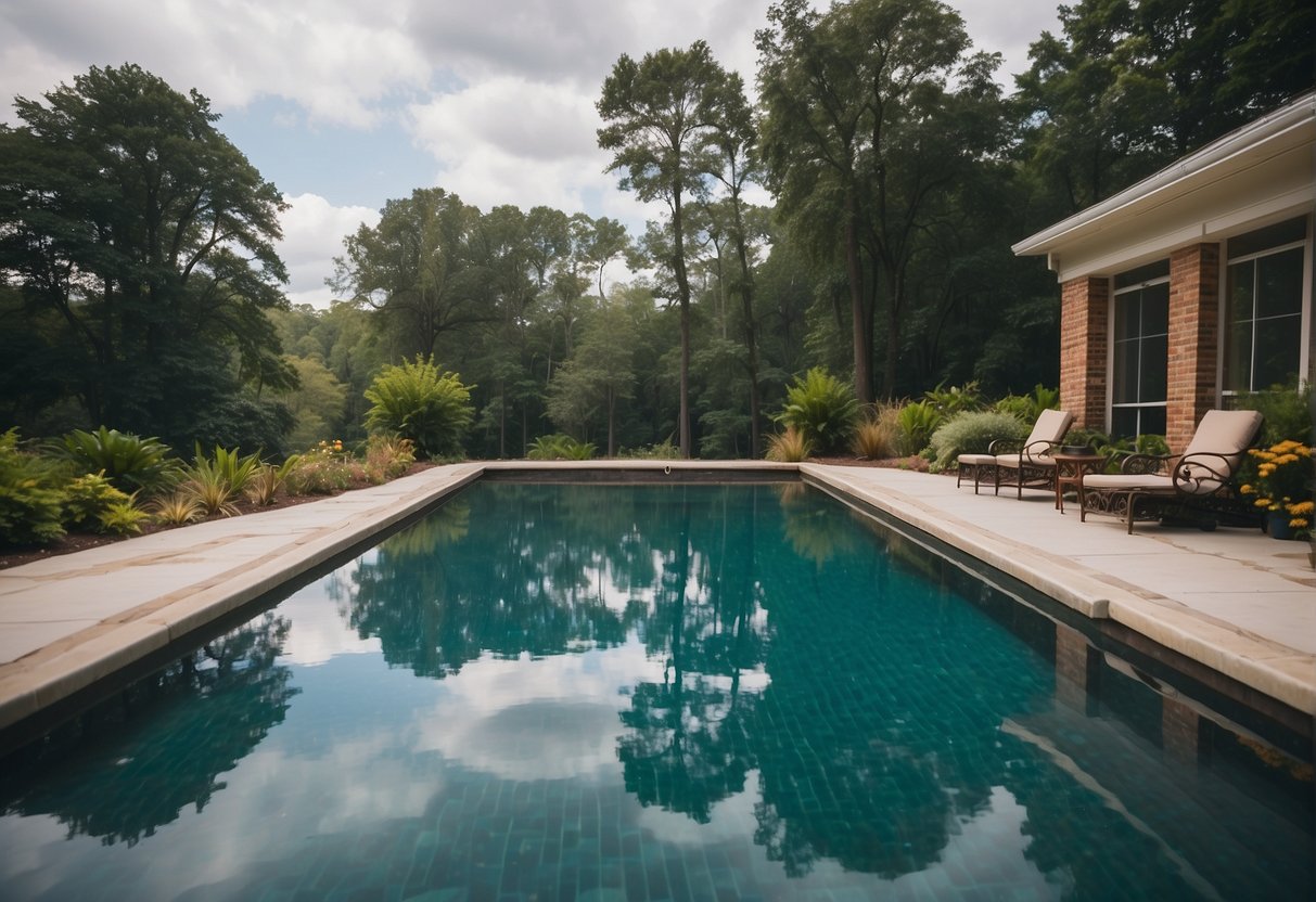 A clear pool with a balanced pH level, proper chlorine levels, and clean filtration system surrounded by Georgia's lush greenery